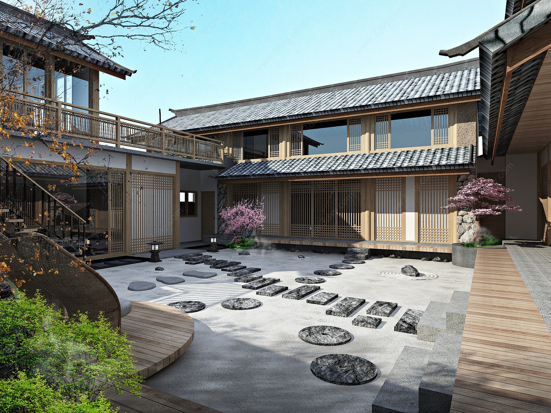 日式客栈庭院休息区楼梯3D模型