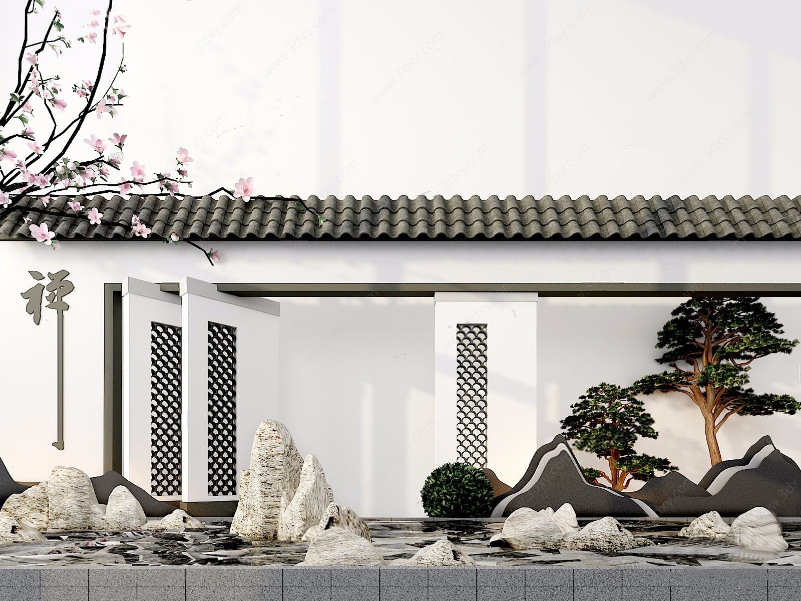 中式墙体假山3D模型