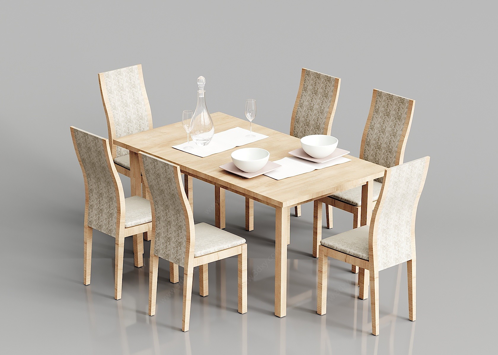 北欧实木布艺餐桌椅组合3D模型