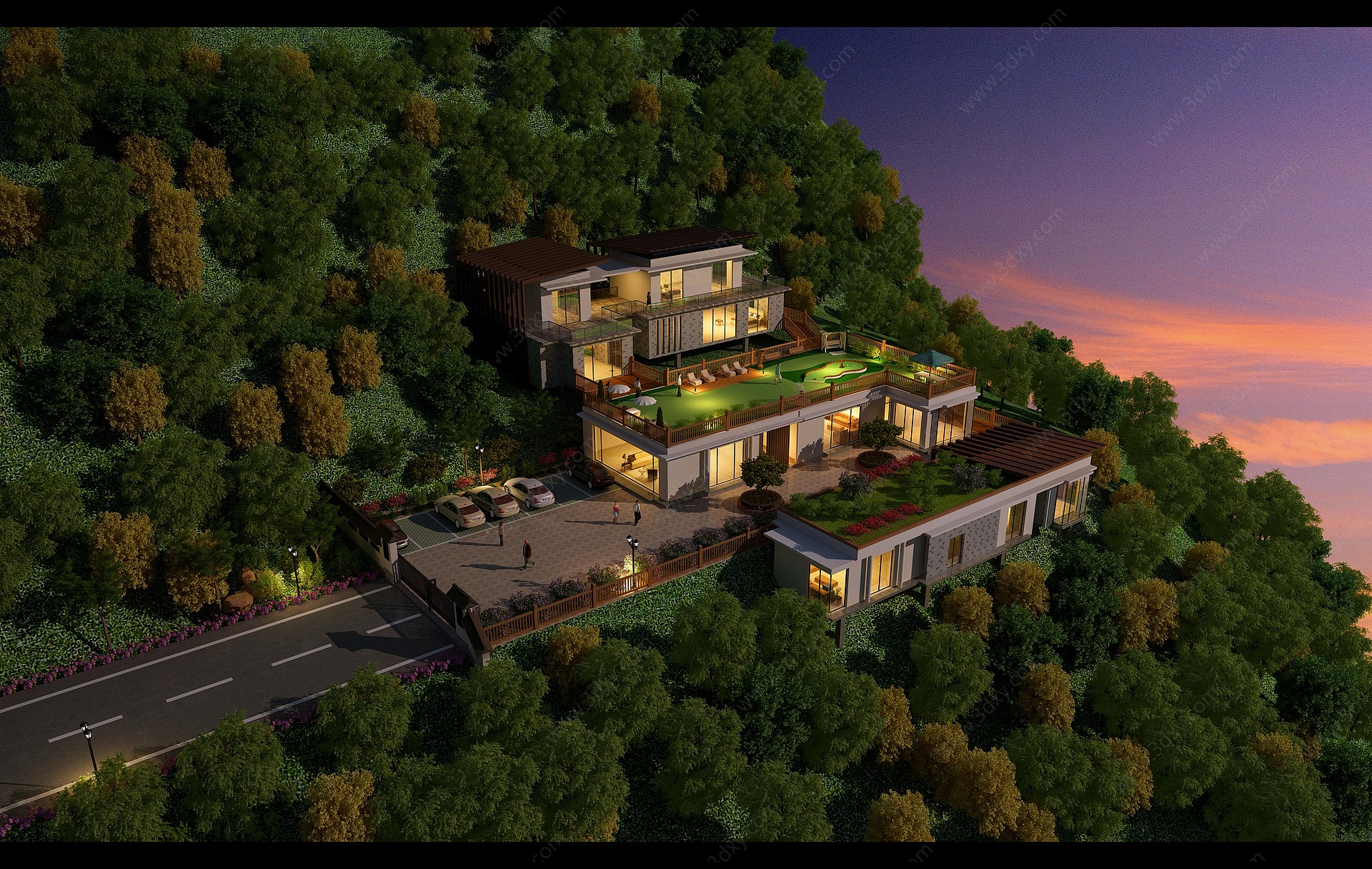 现代山体外景园林绿化酒店3D模型