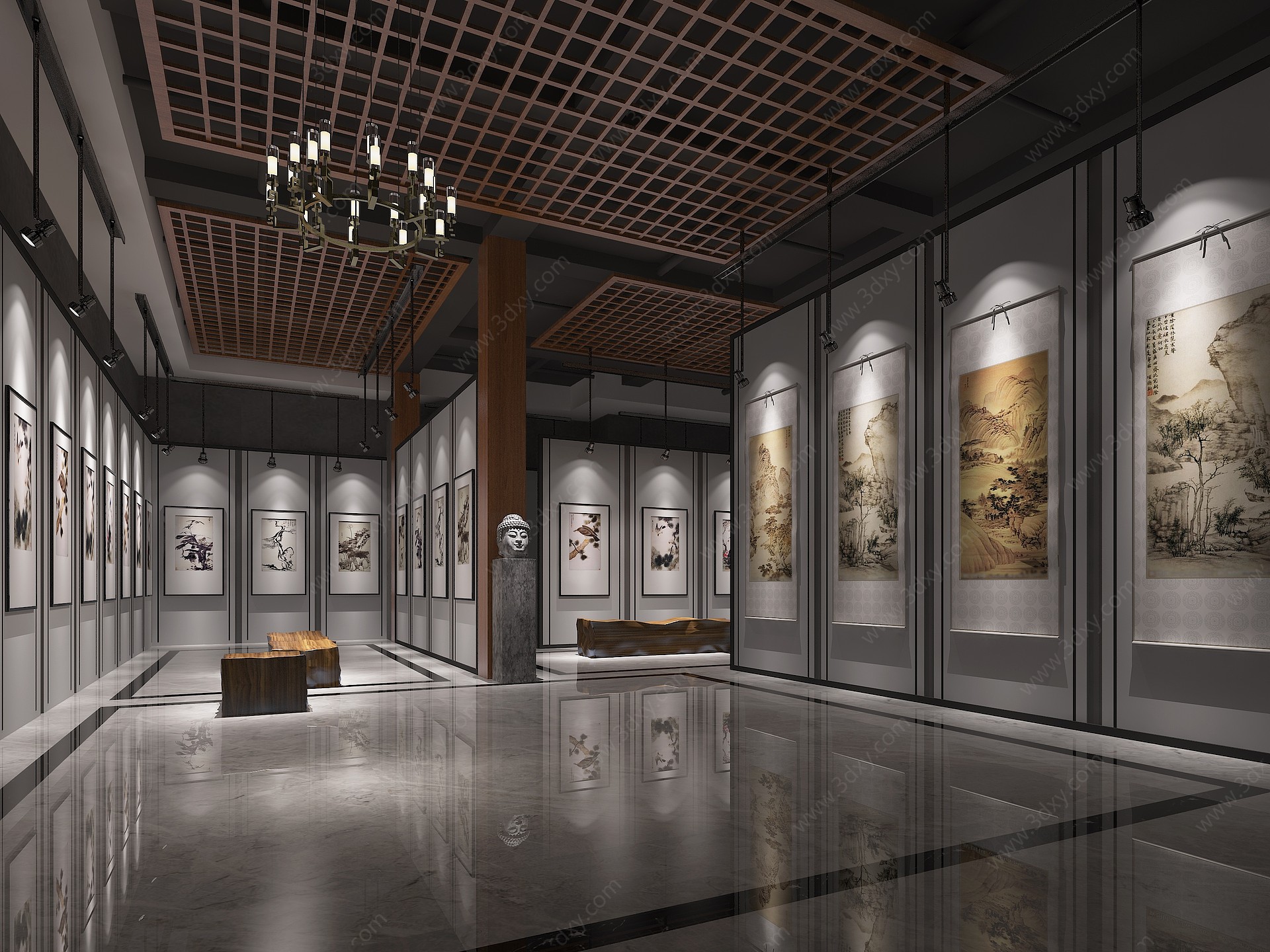 中式文化展厅字画展厅画展3D模型