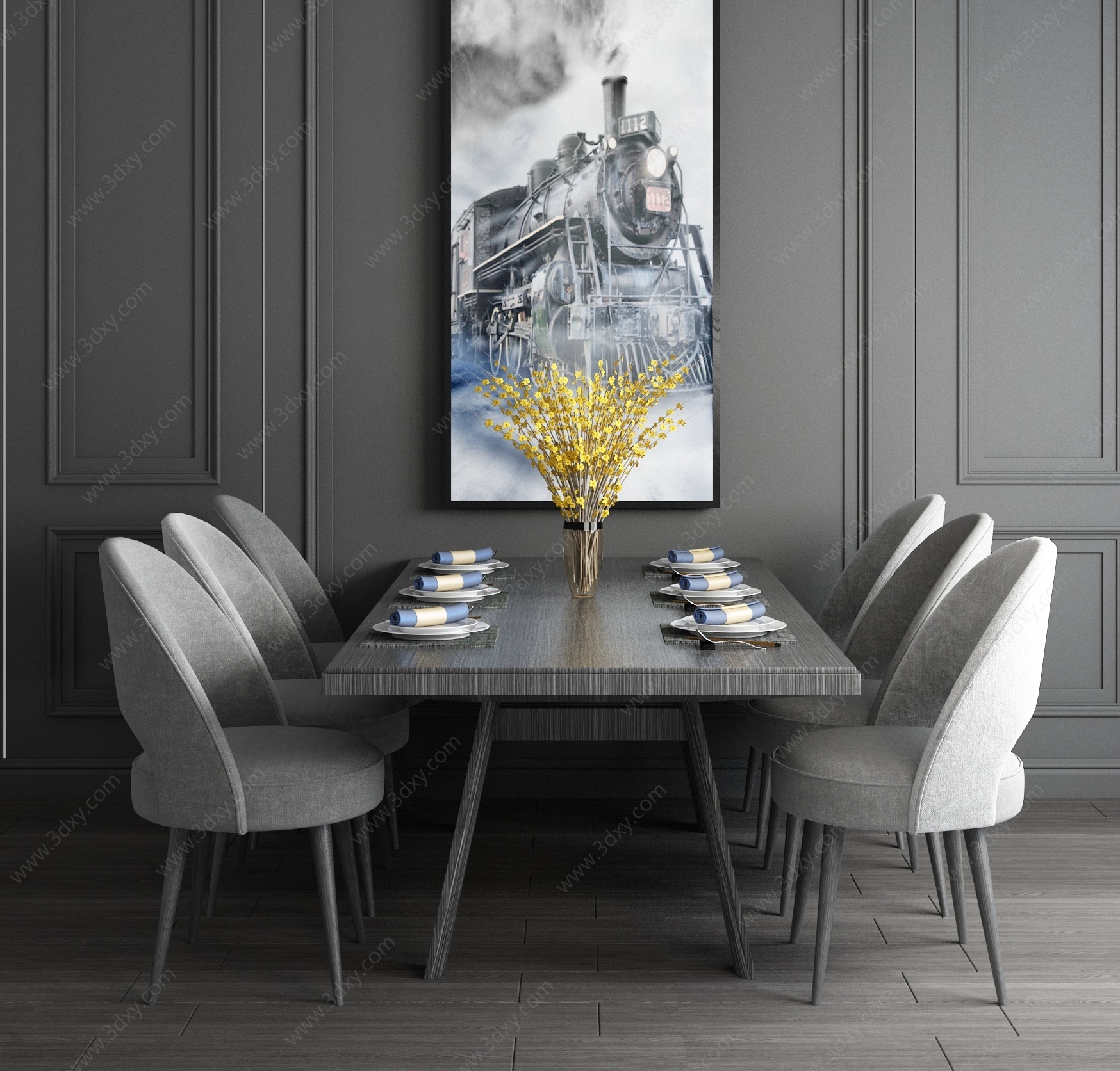 现代餐厅桌椅餐桌壁画背景3D模型