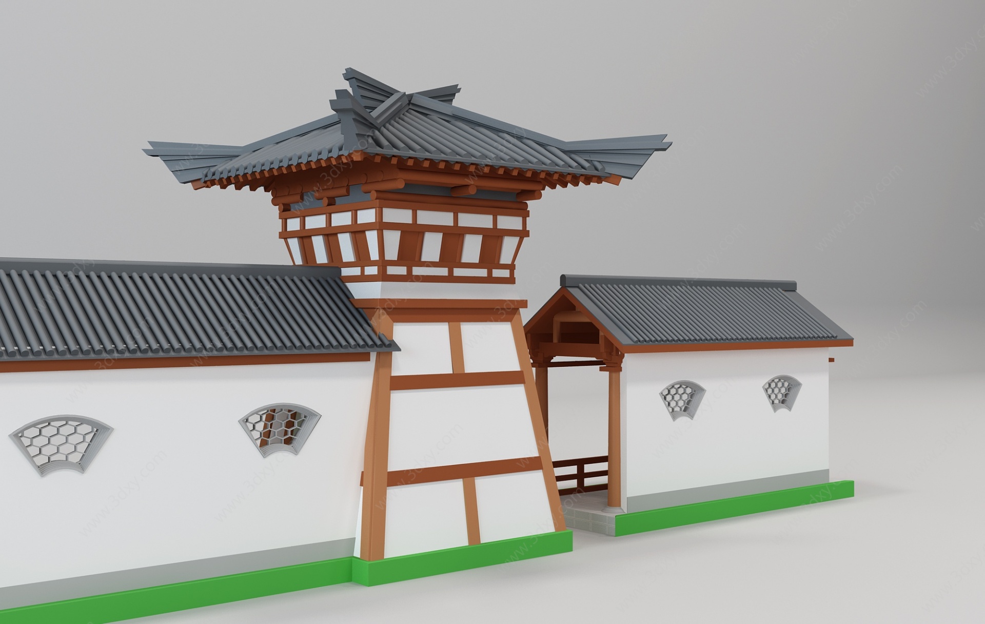 现代古建凉亭烽火台院墙3D模型