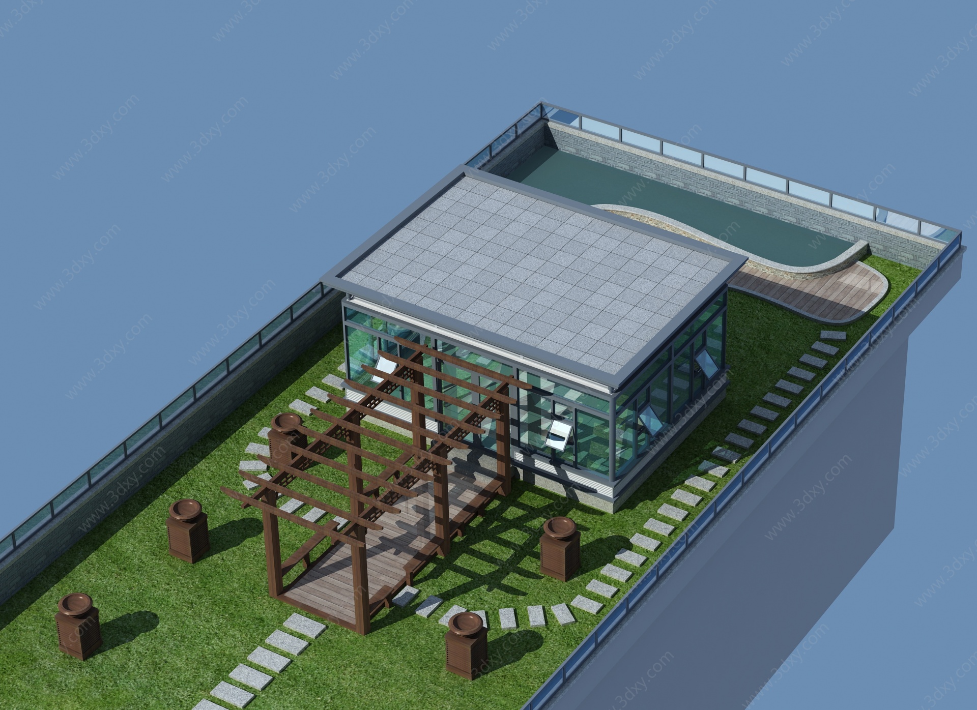 现代阳光房花架长廊3D模型