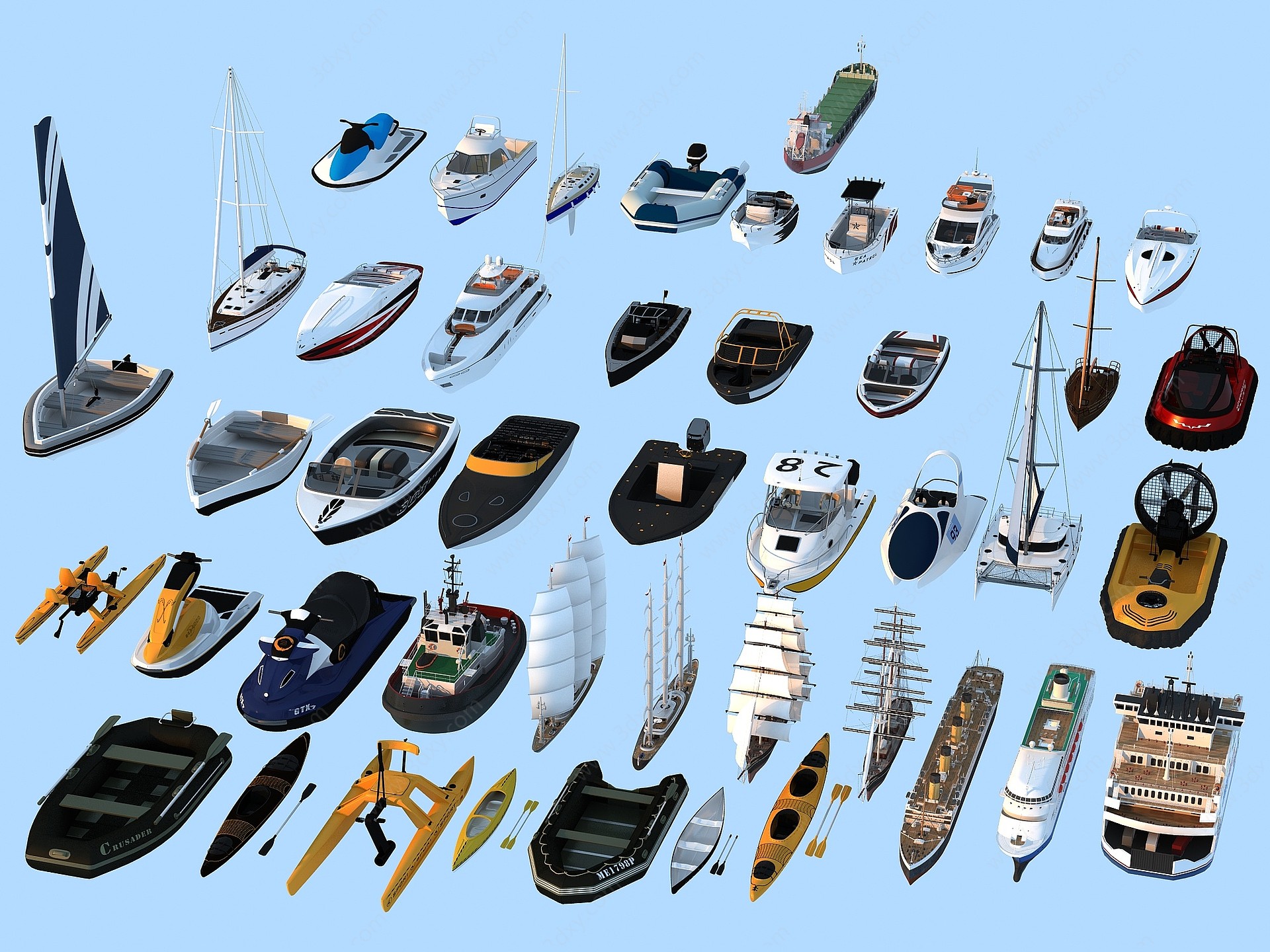 现代轮船快艇橡皮艇船帆船3D模型