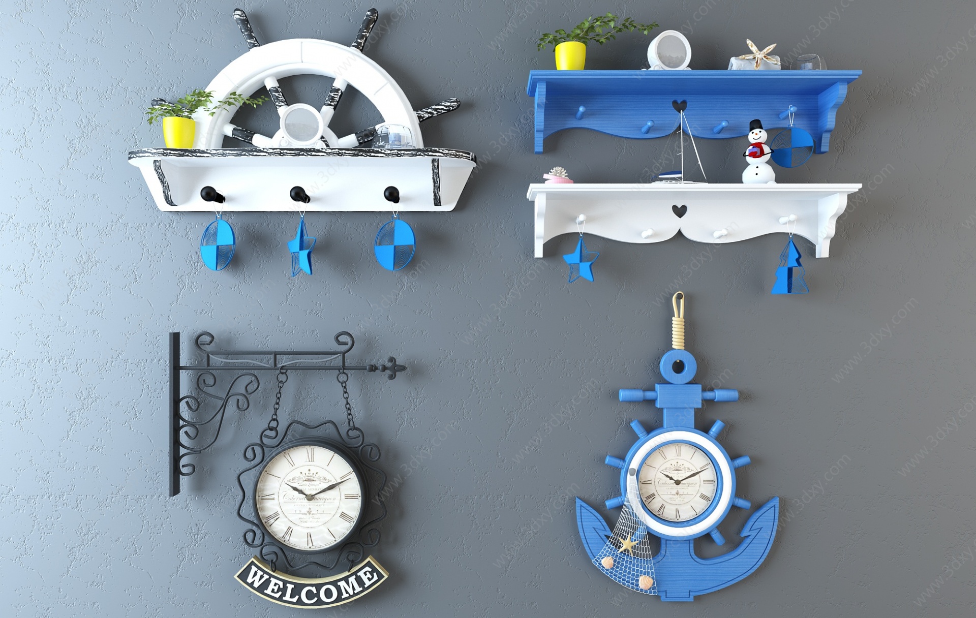 地中海铁艺挂钟隔板置物架3D模型