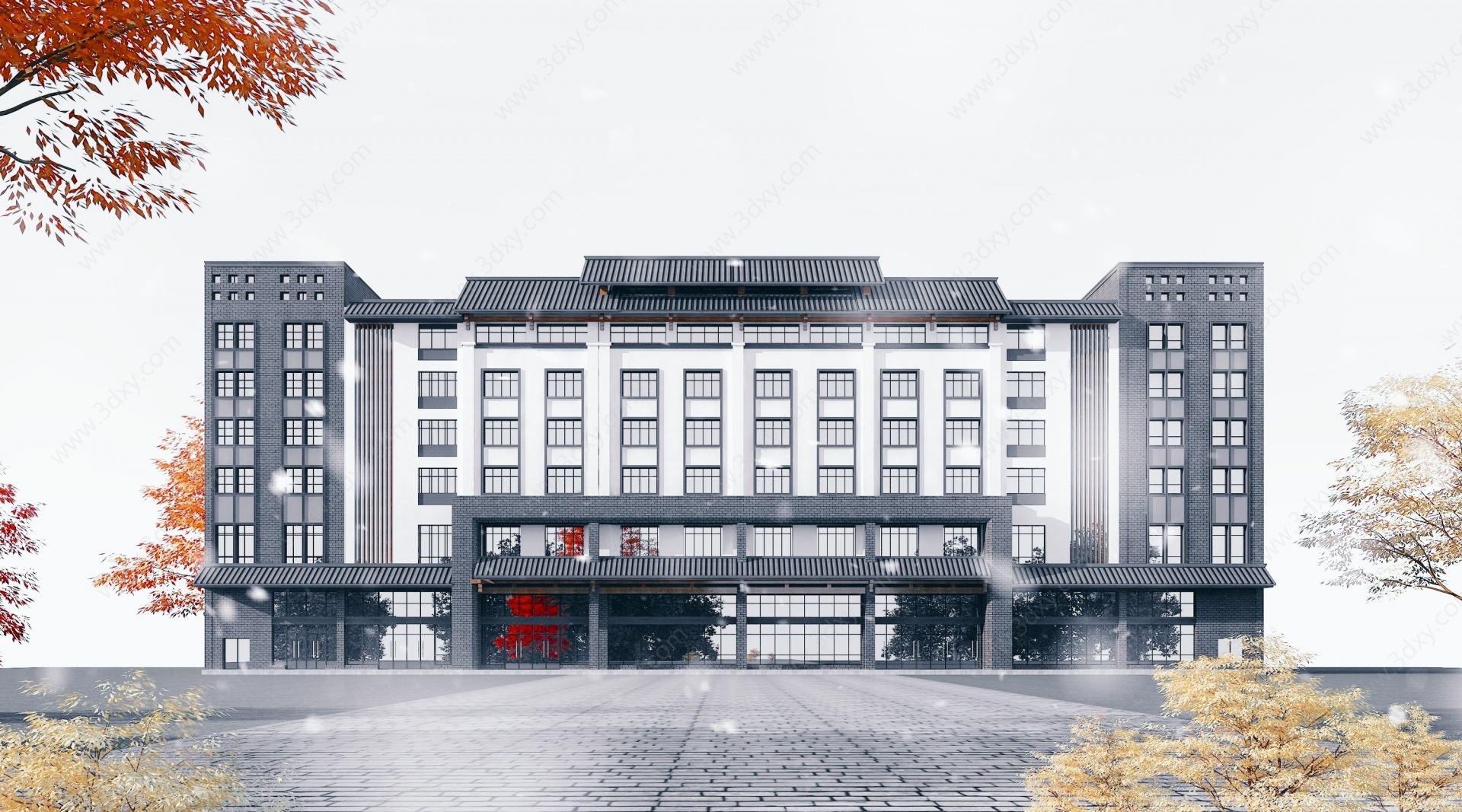 新中式酒店青砖白墙建筑3D模型