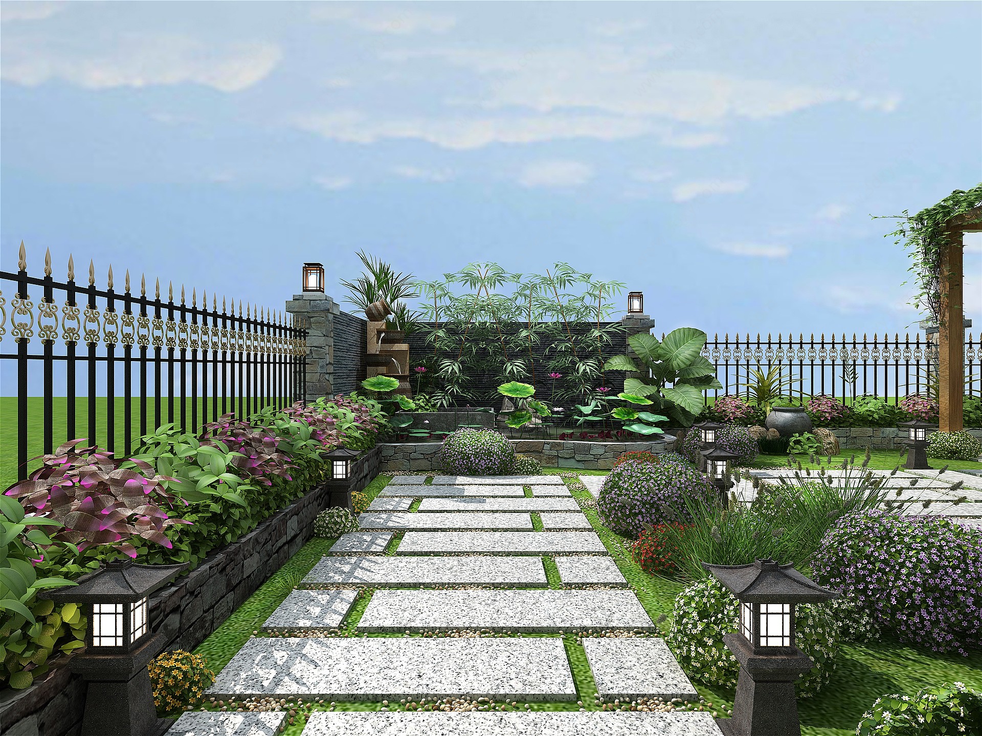 新中式别墅水池景观花园3D模型