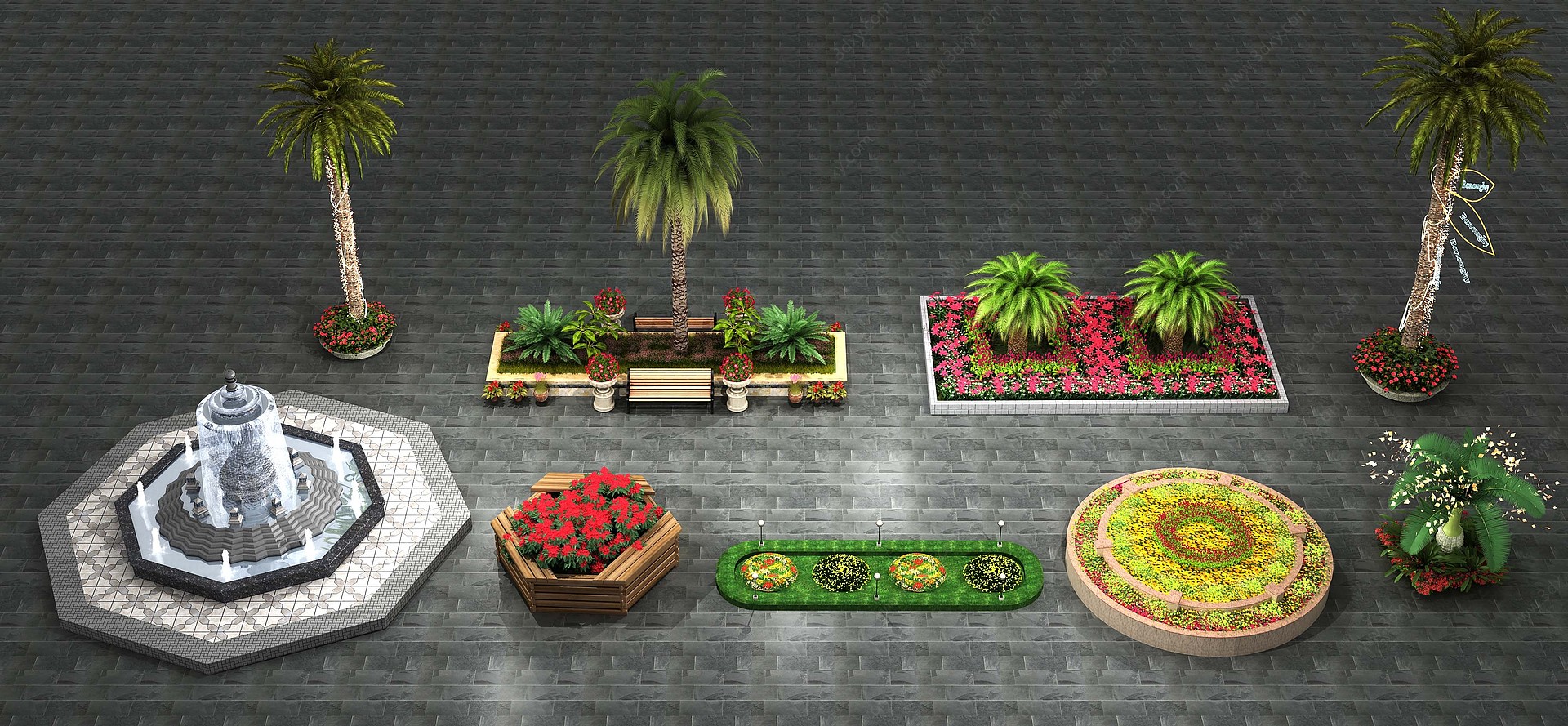 现代花坛树池喷泉彩灯3D模型