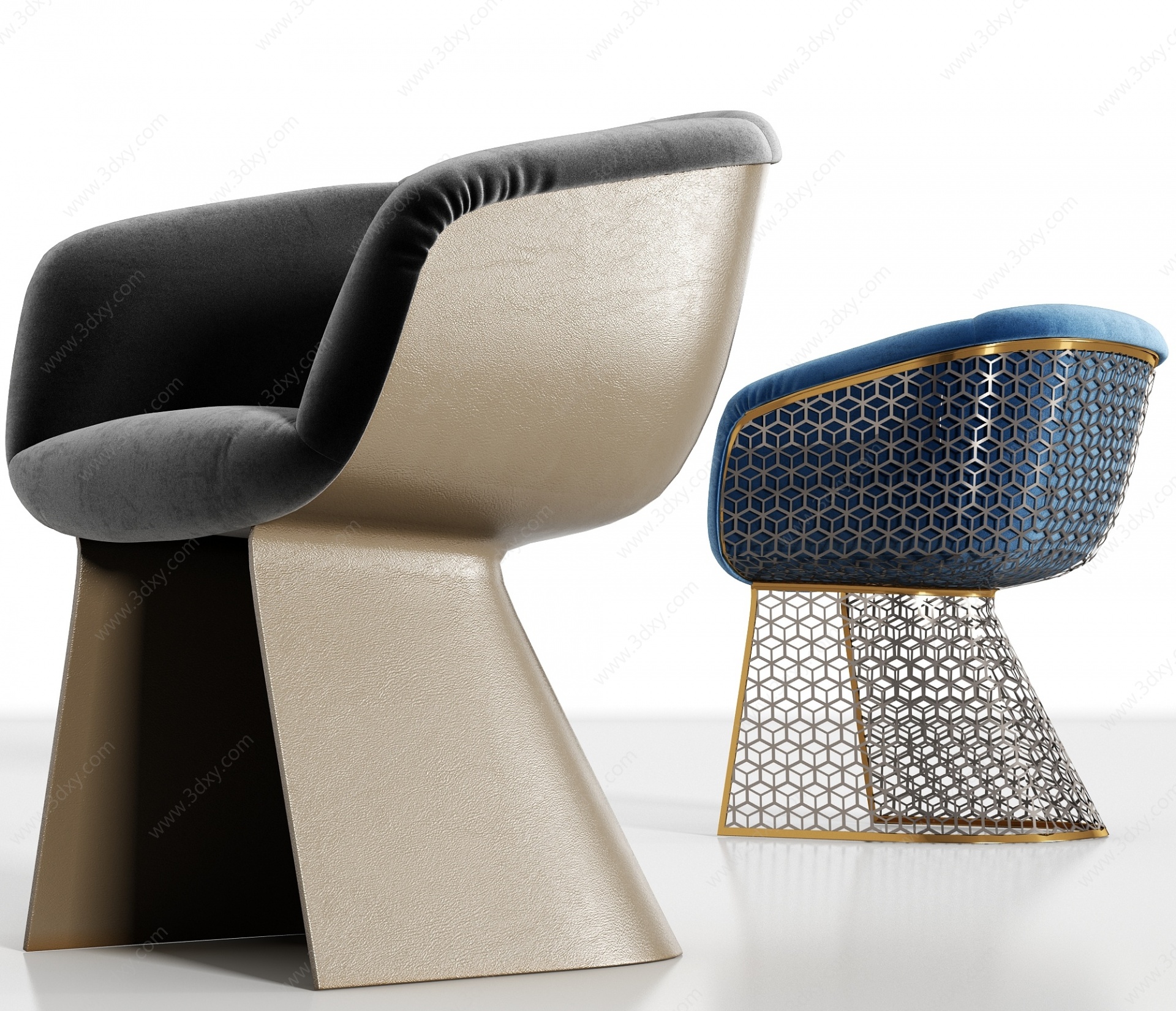 轻奢皮革绒布单人沙发组合3D模型