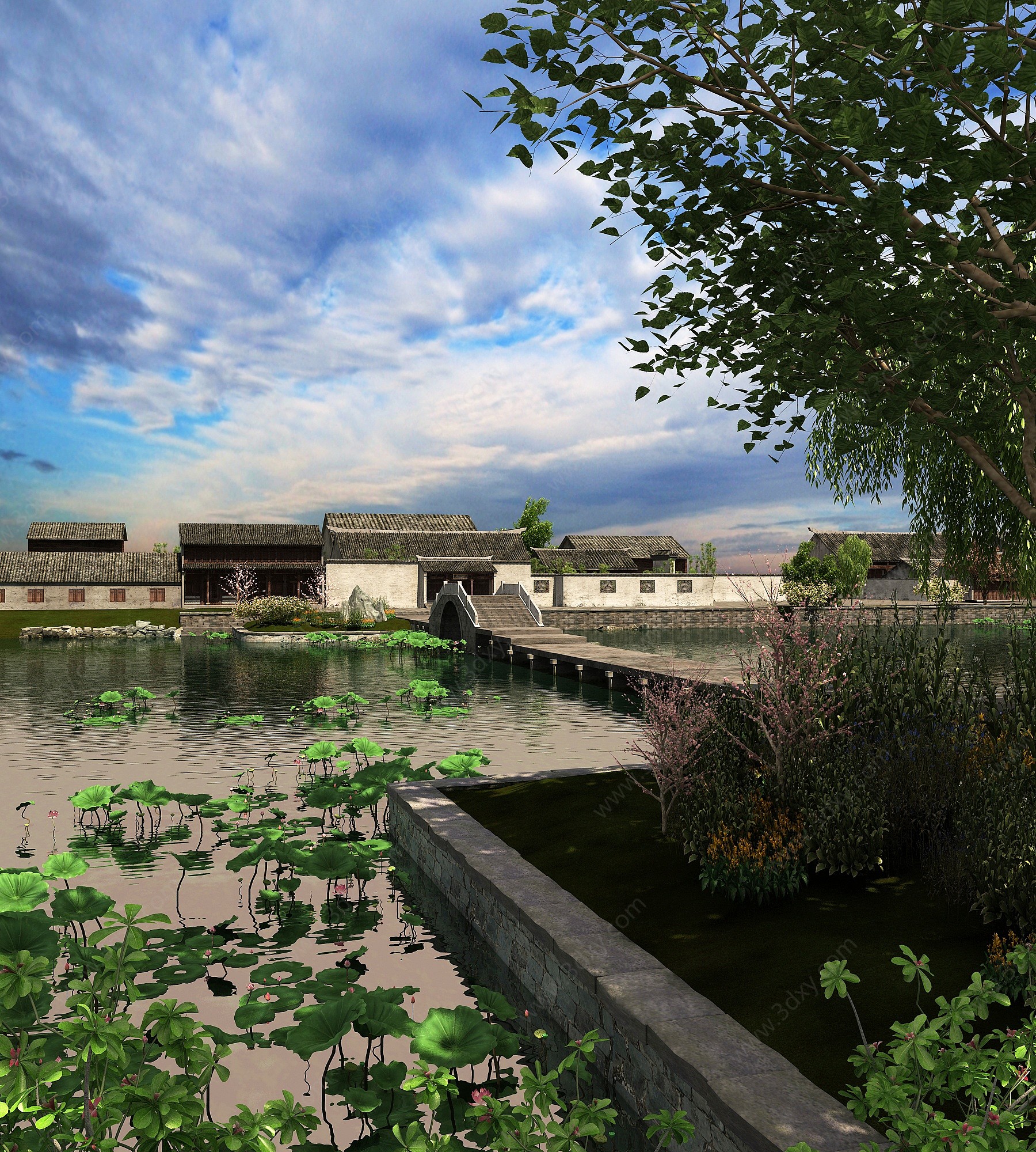 湿地洪园湖荷花荷叶古建3D模型