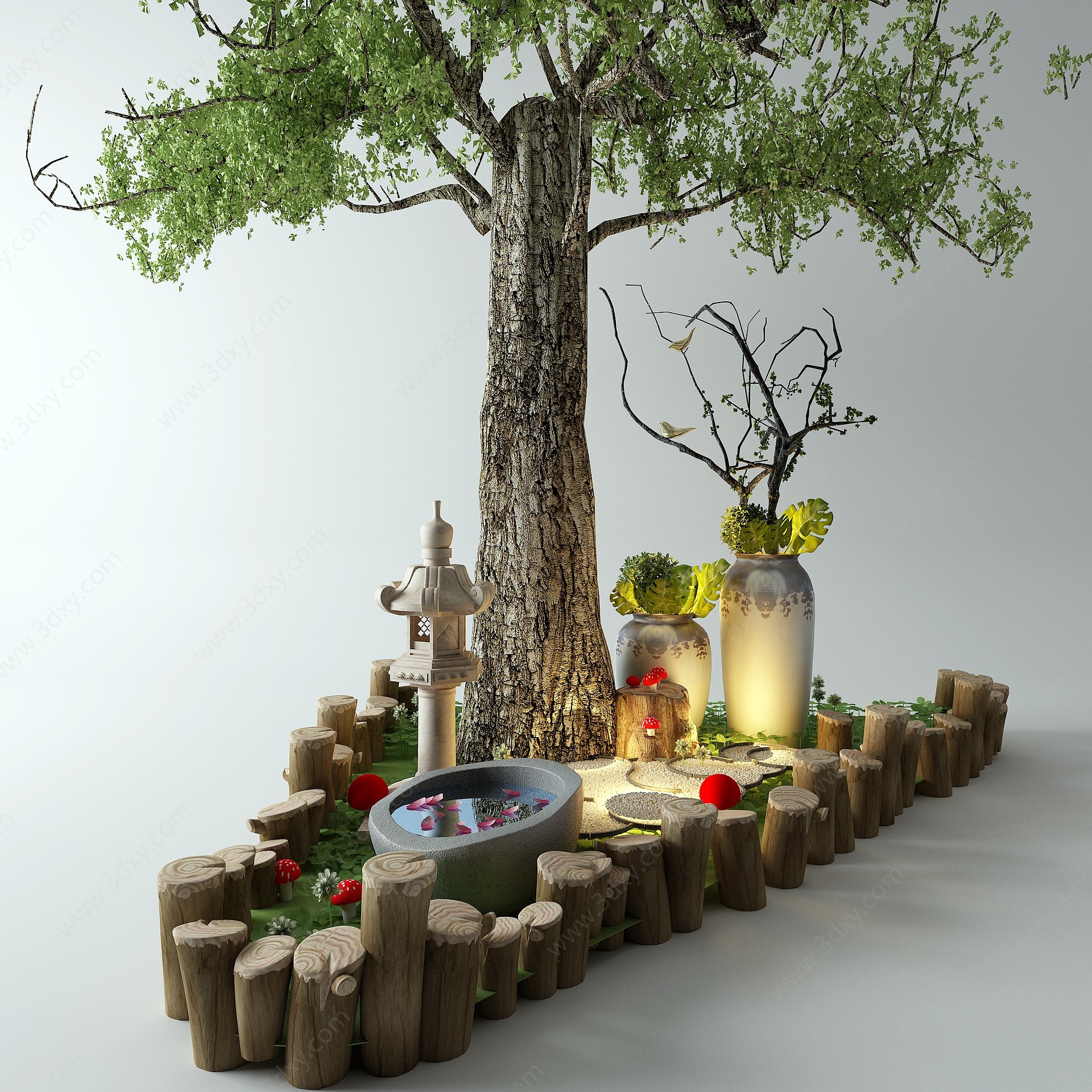 新中式景观小品木桩树3D模型