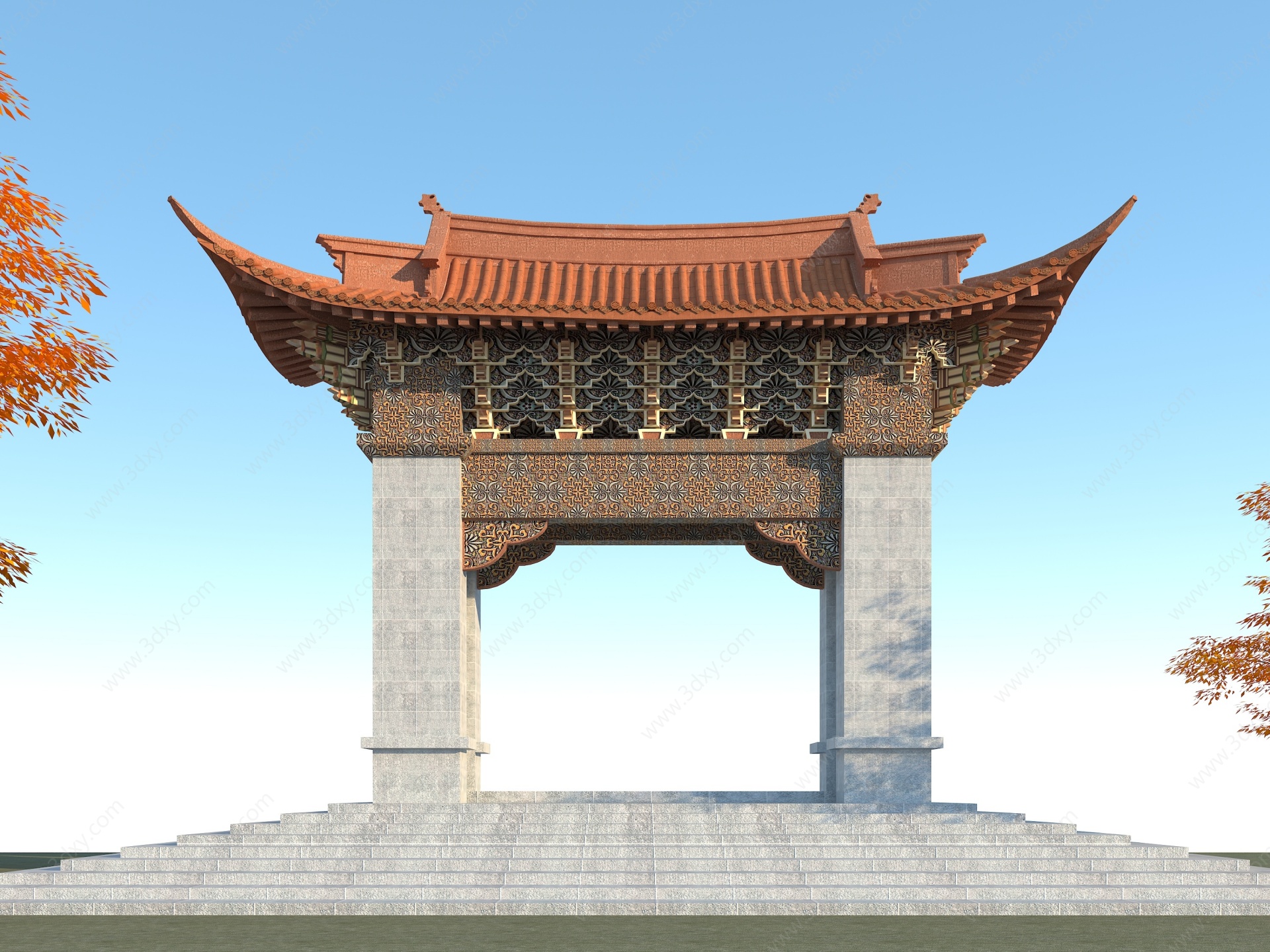 中式石雕牌坊古建筑大门3D模型