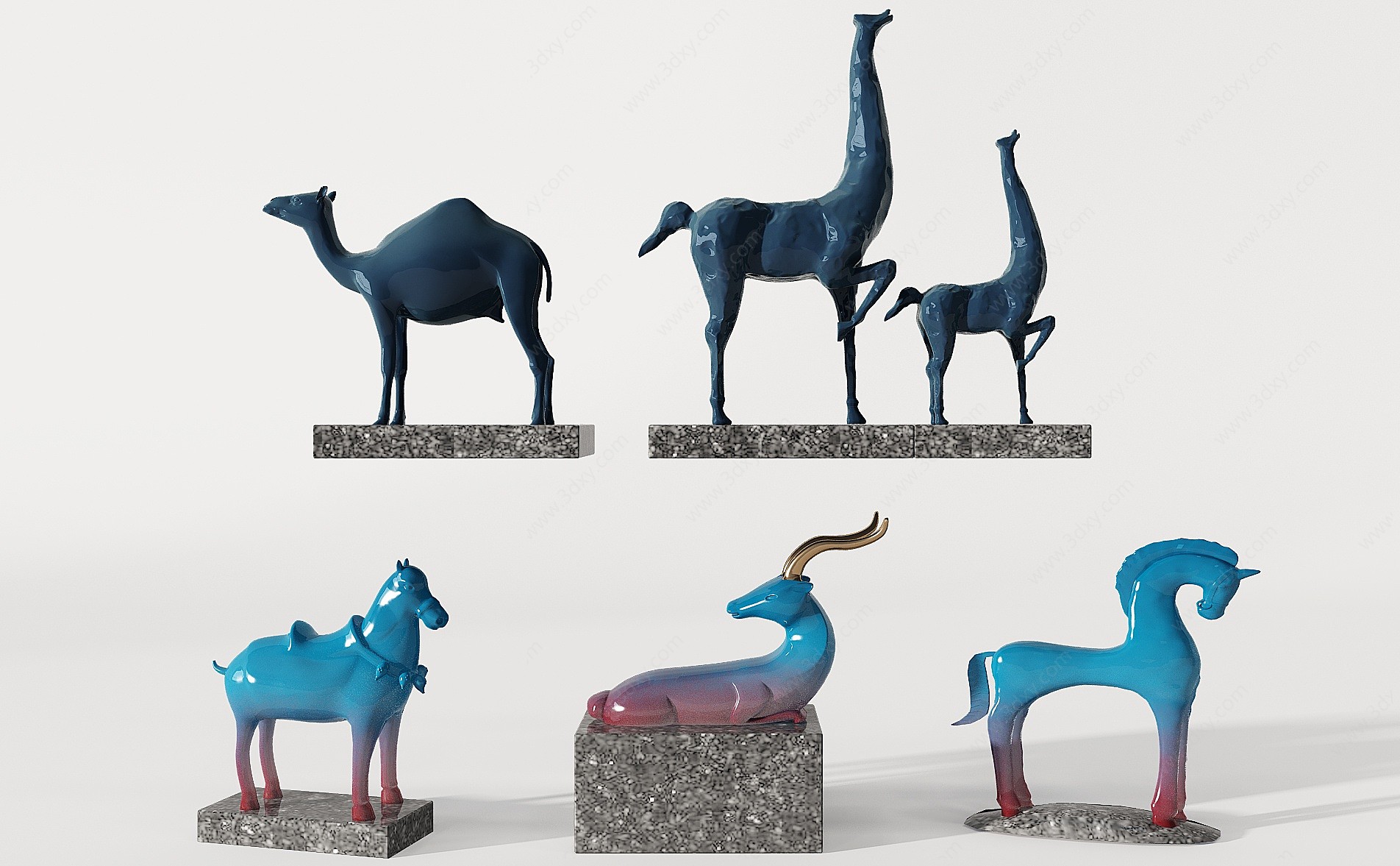 新中式蓝色陶瓷雕塑摆件3D模型