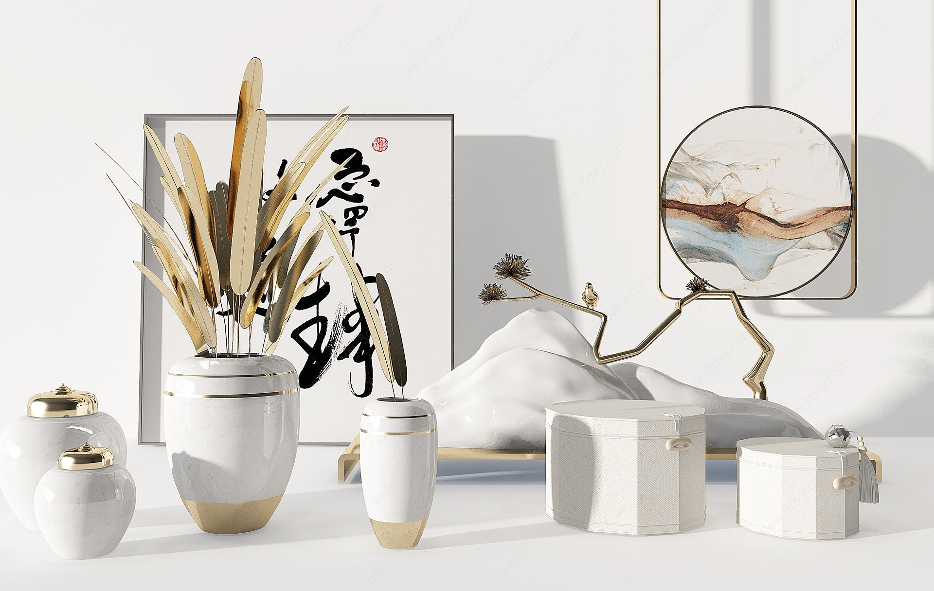 新中式花瓶挂画摆件组合3D模型