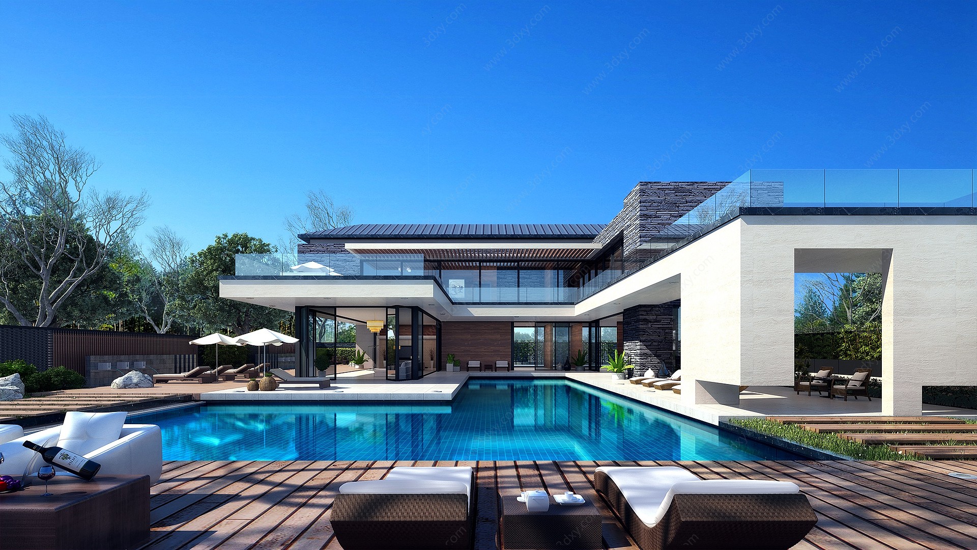 新中式别墅外观露天泳池3D模型