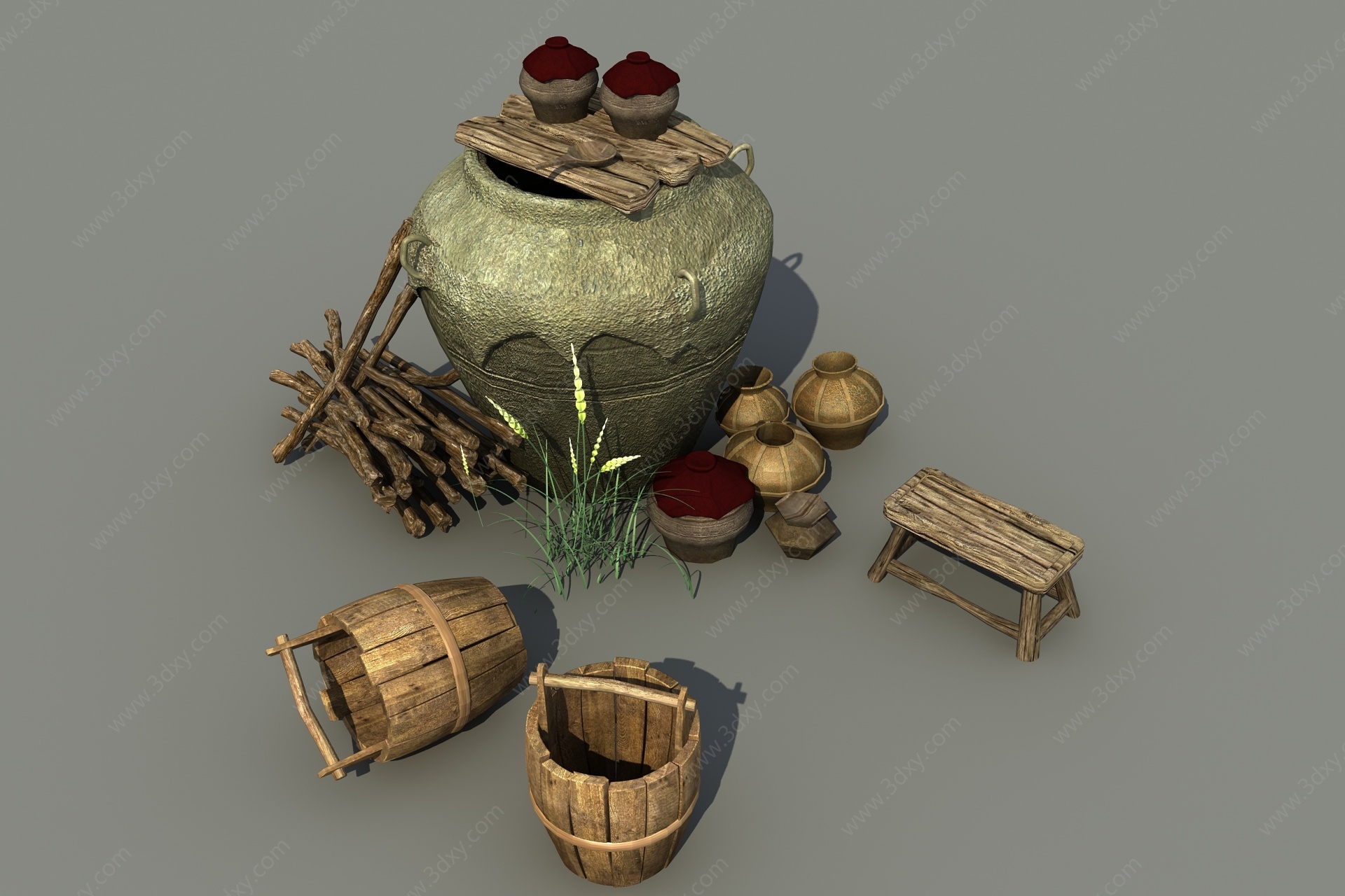 现代水缸木桶小罐子3D模型