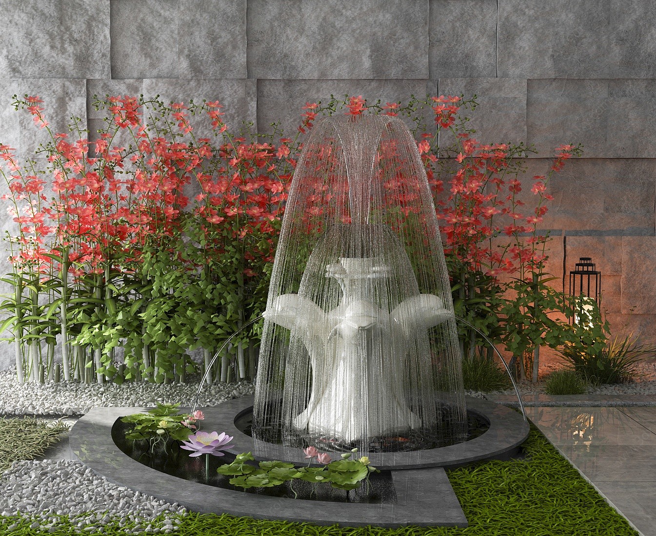现代绿植花卉荷花喷泉3D模型