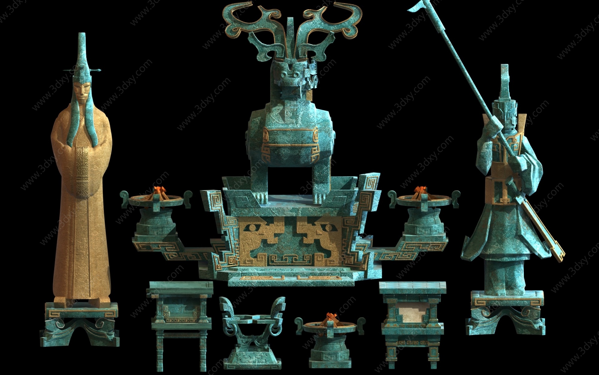 青铜器雕塑香炉鼎祭祀神像3D模型