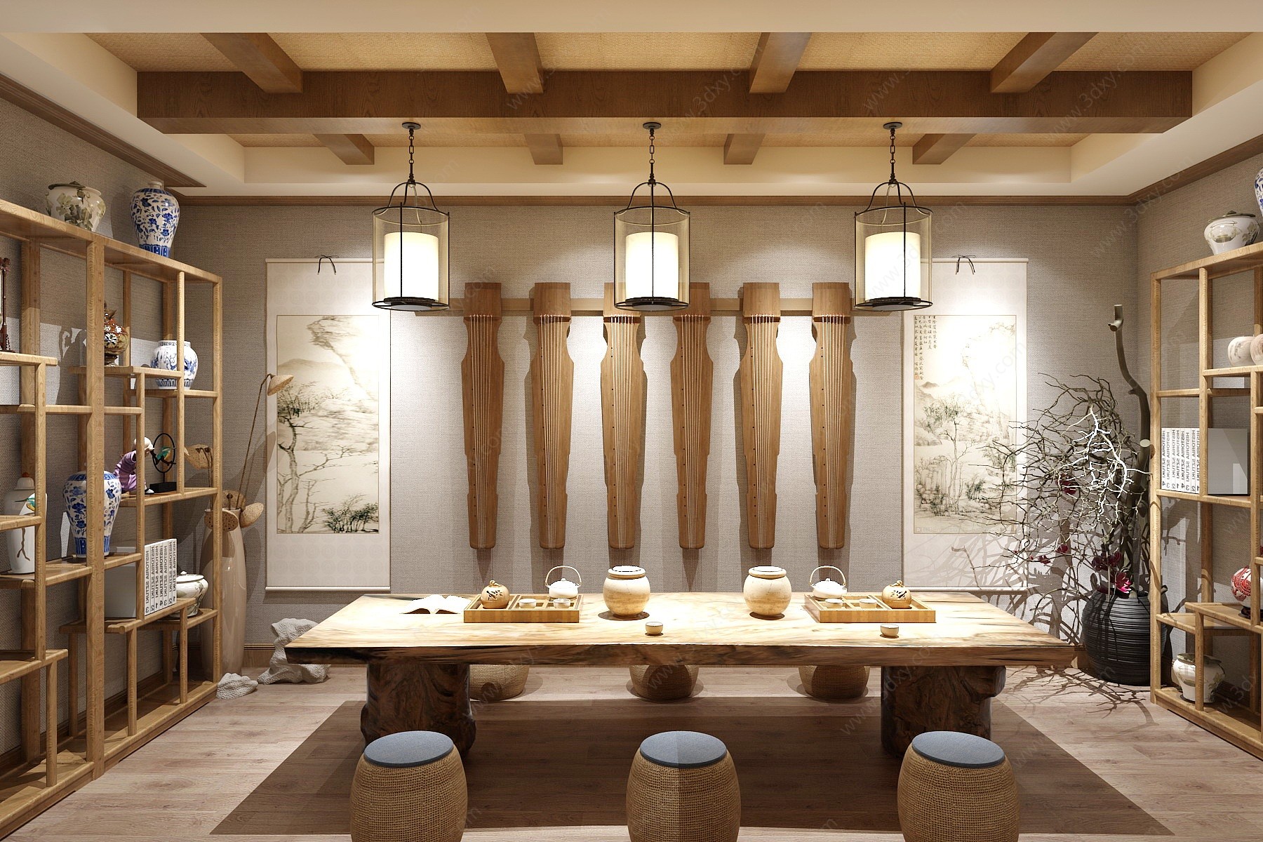 禅意中式茶室置物架3D模型