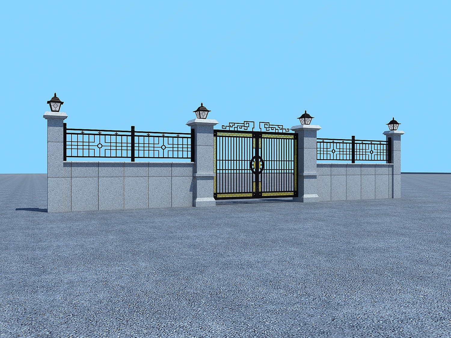 新中式大门入户大门围墙3D模型