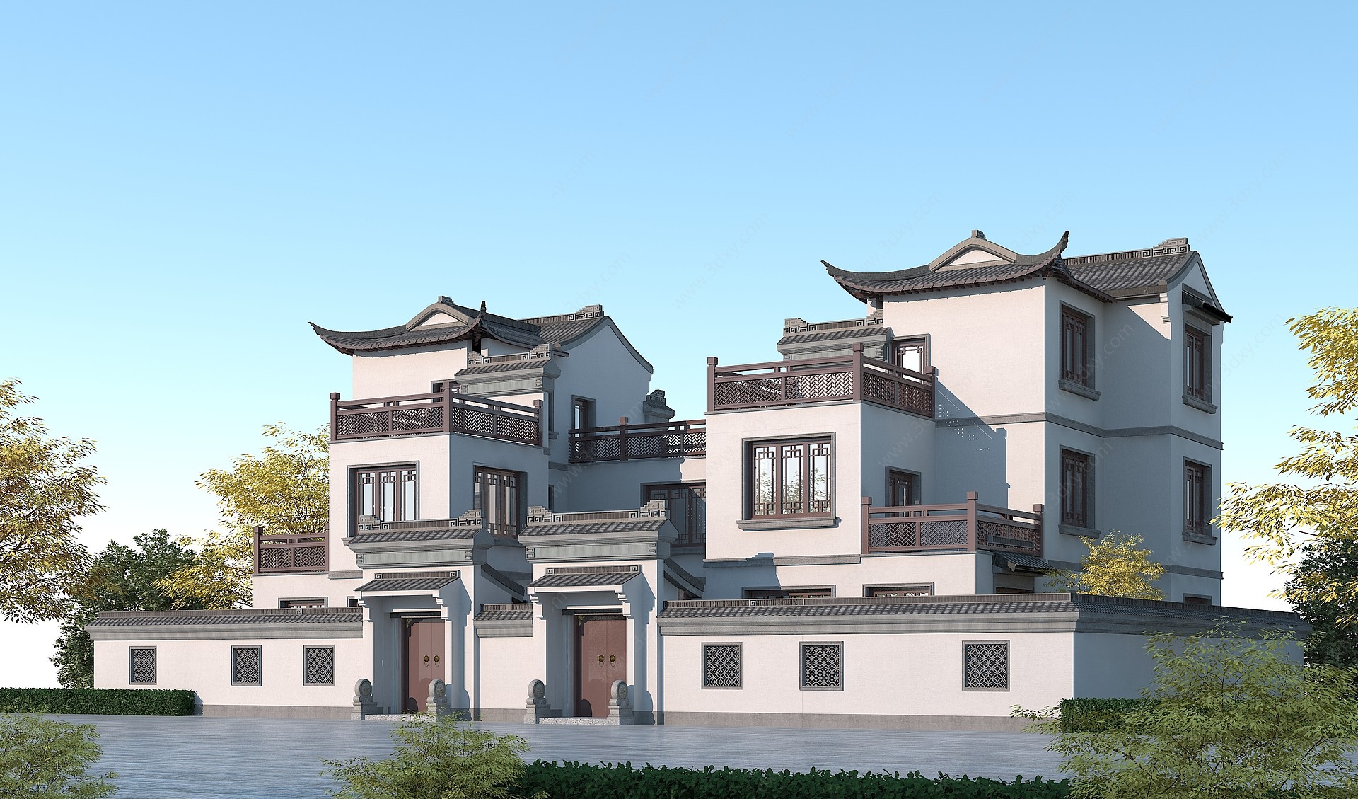 中式别墅双拼徽派建筑3D模型