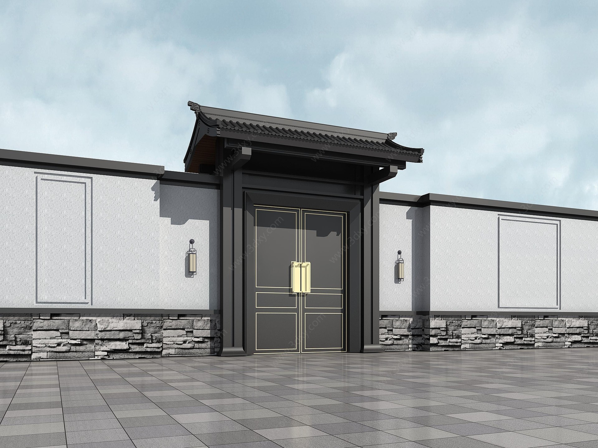 现代中式大门围墙3D模型