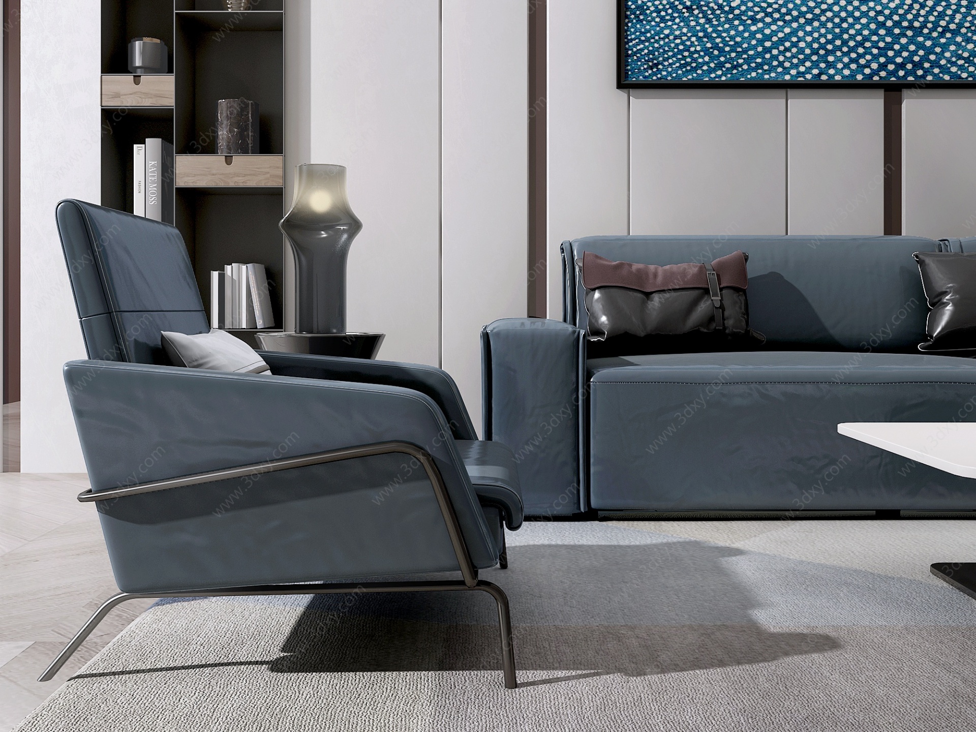 现代真皮沙发抱枕边几3D模型