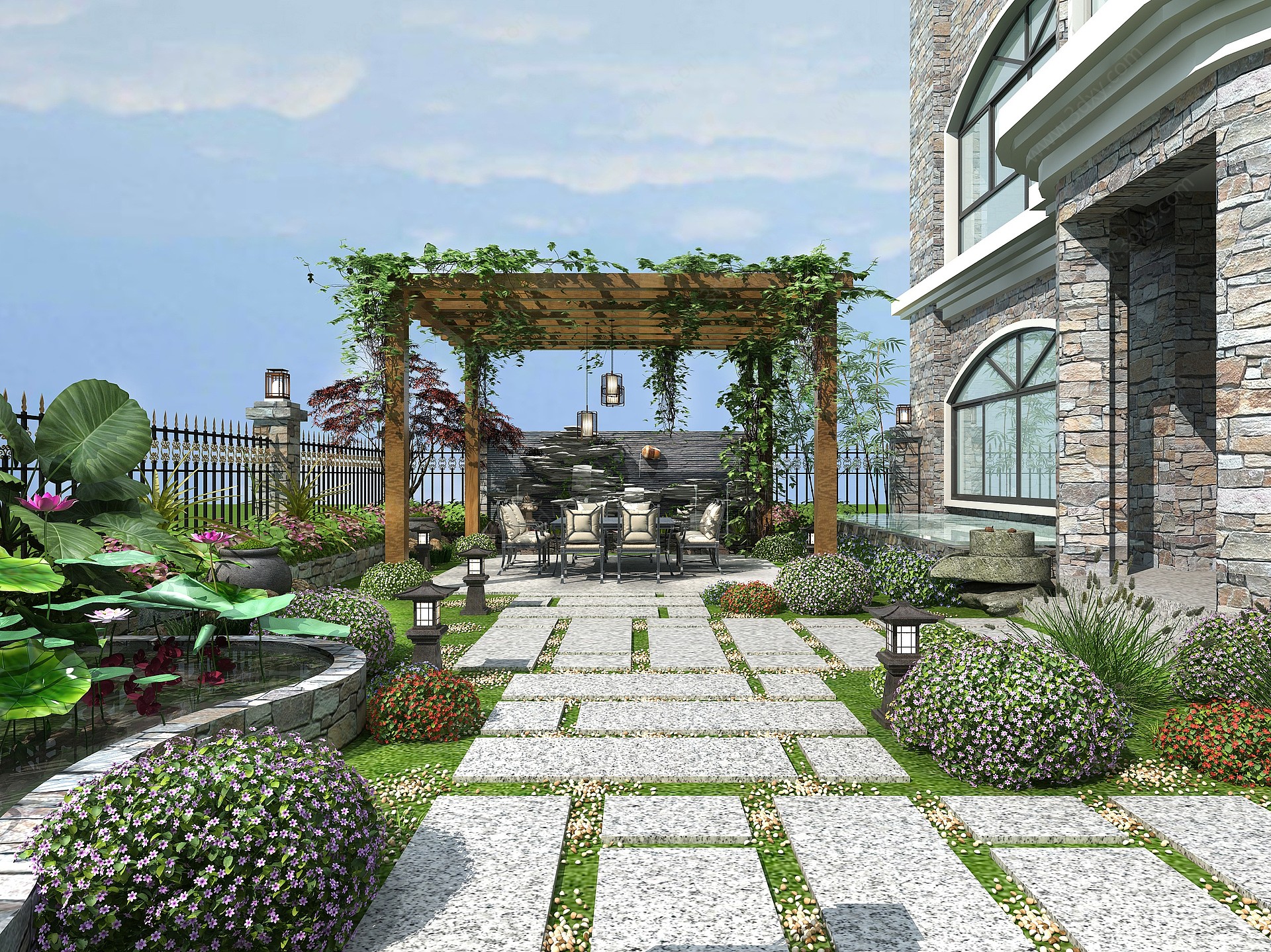 新中式别墅中庭花园3D模型