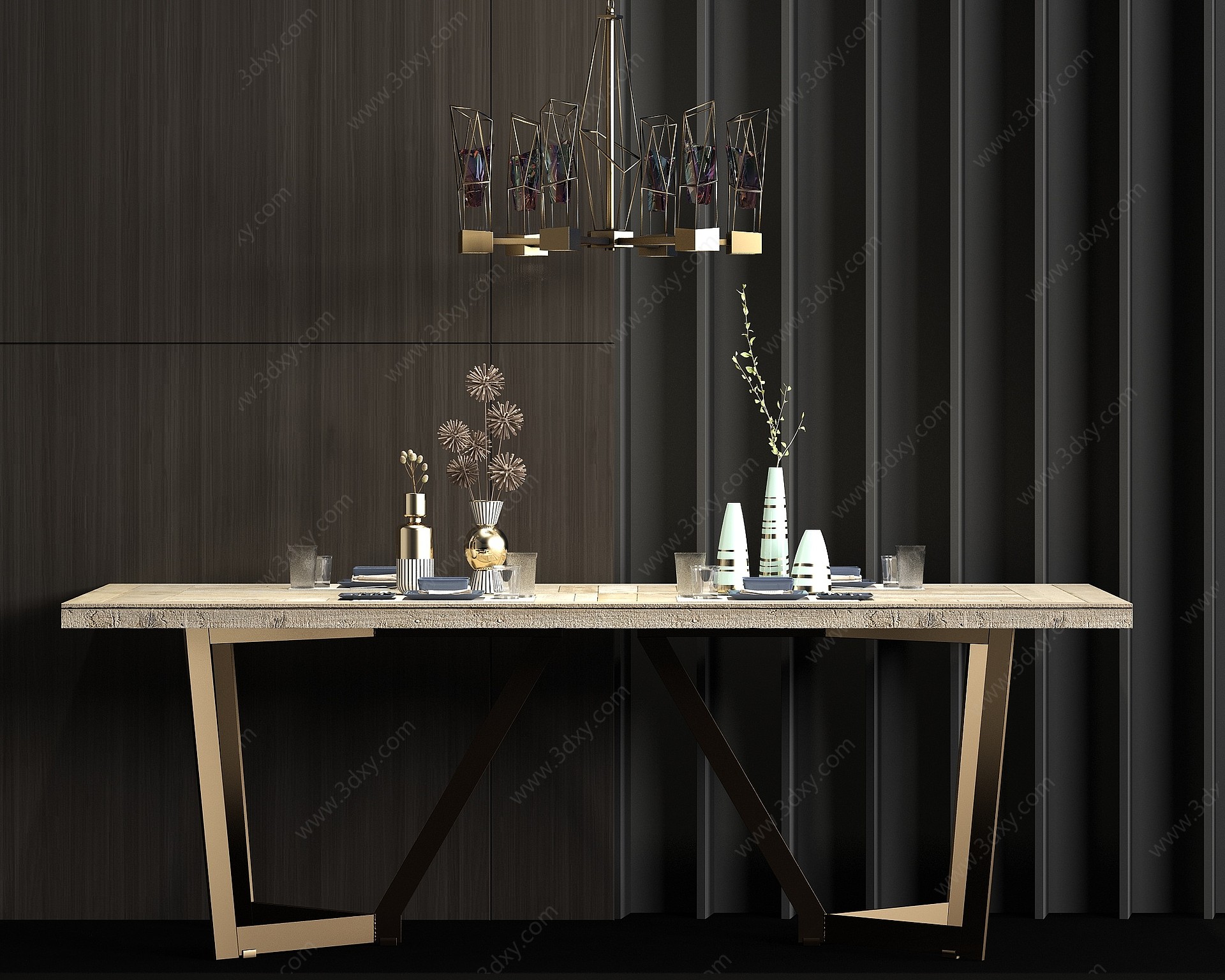 工业风金属实木餐桌3D模型