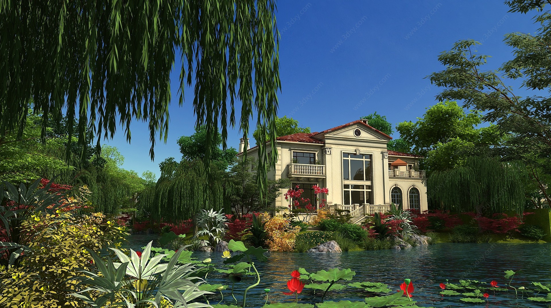 现代别墅水景3D模型
