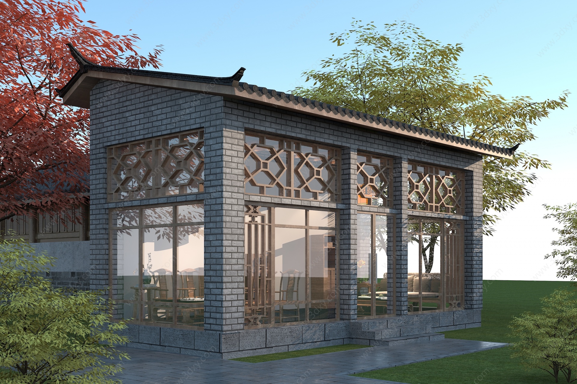 中式休息室青砖青瓦木门窗3D模型
