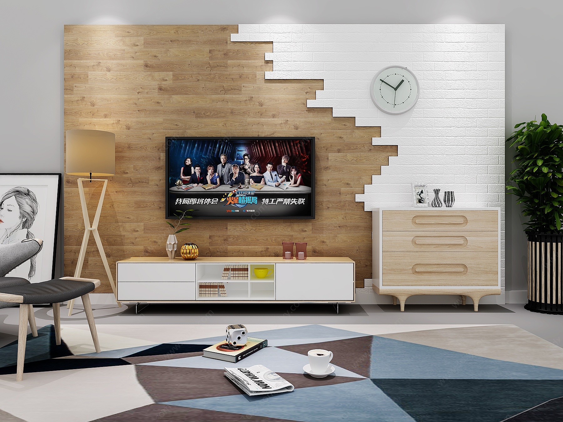 北欧电视墙电视柜组合3D模型