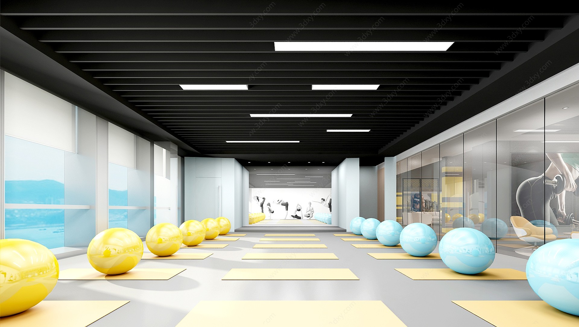现代舞蹈室瑜伽球3D模型