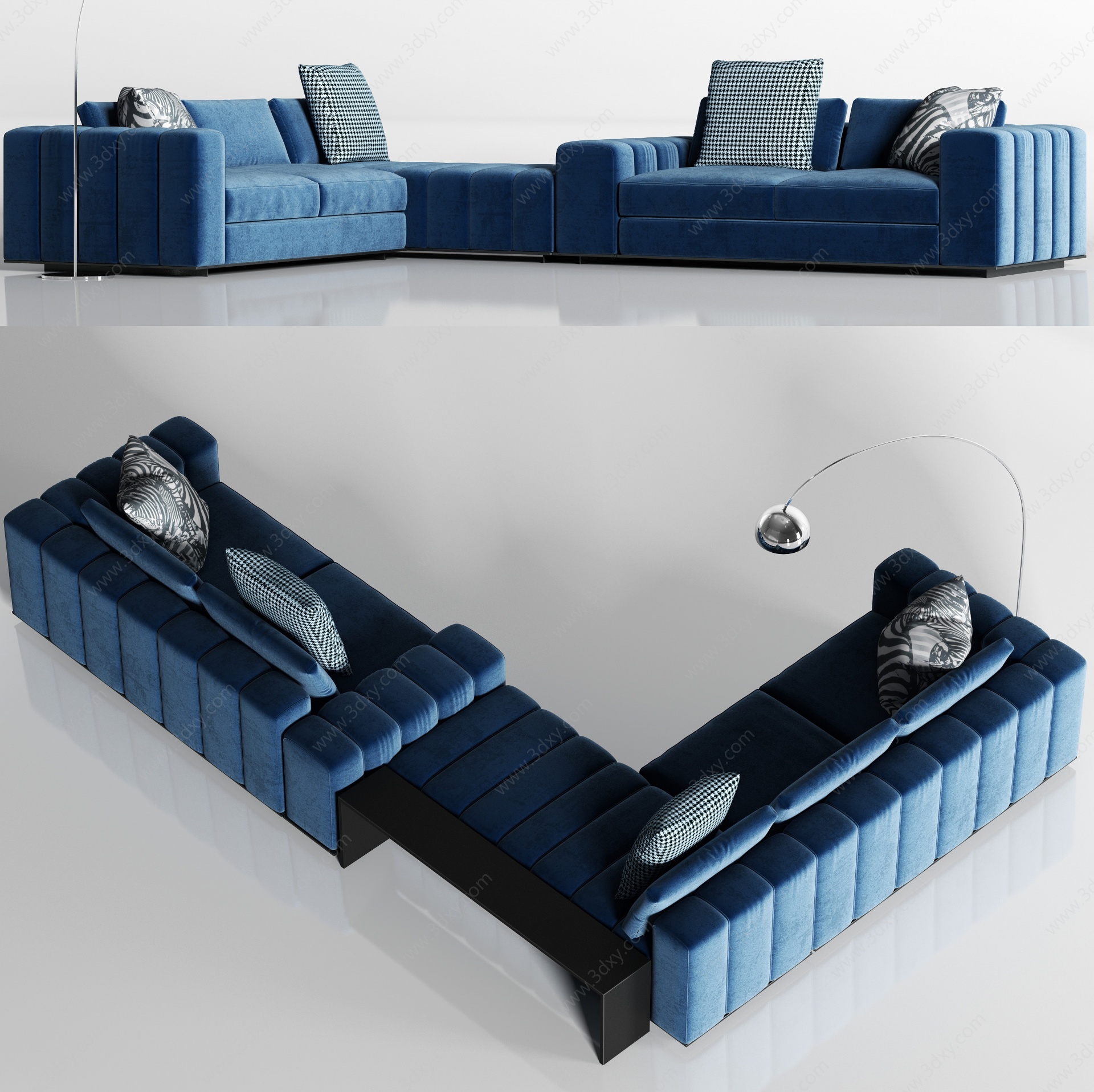 现代蓝色绒布转角多人沙发3D模型