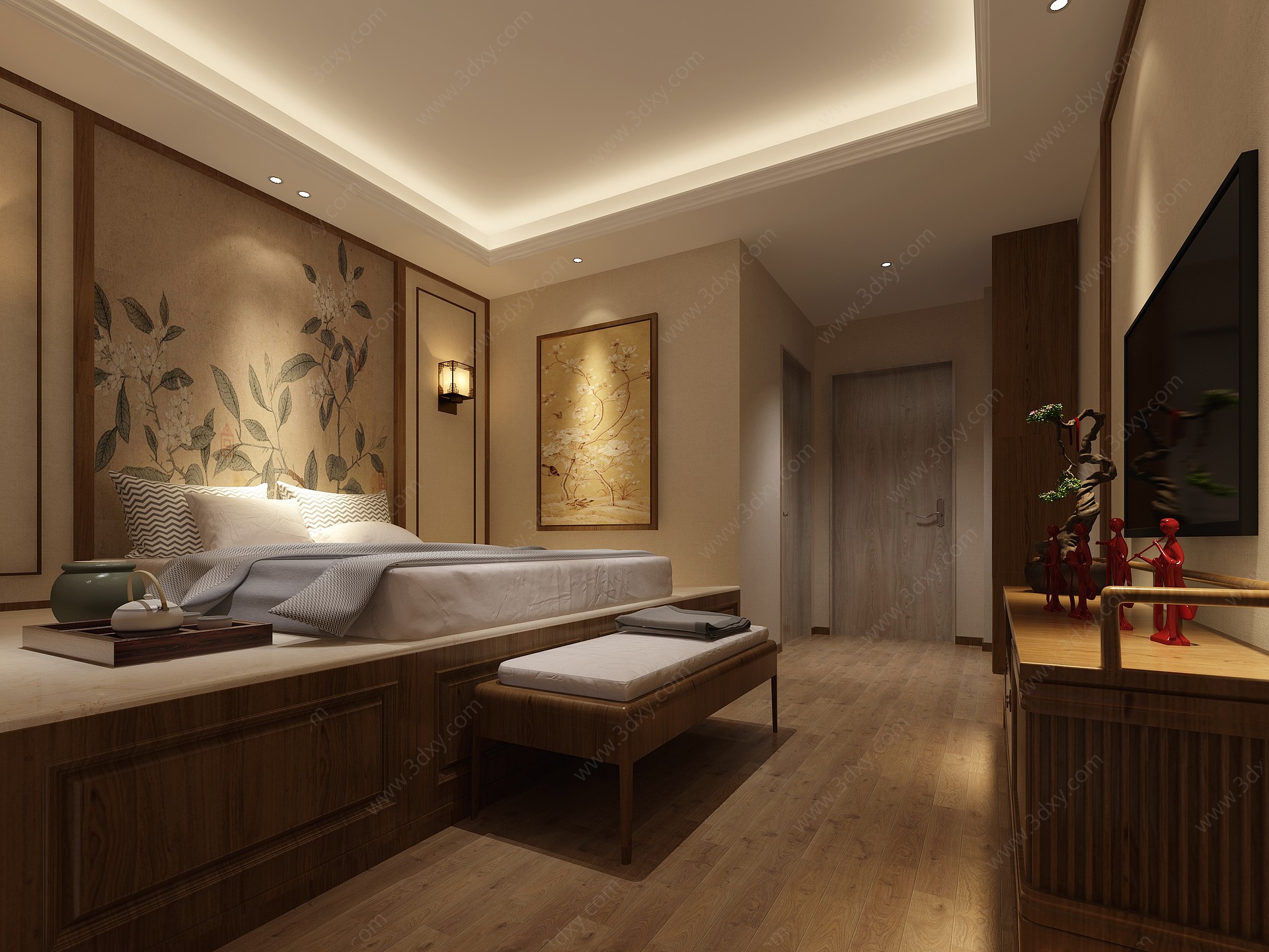 新中式民宿酒店卧室3D模型