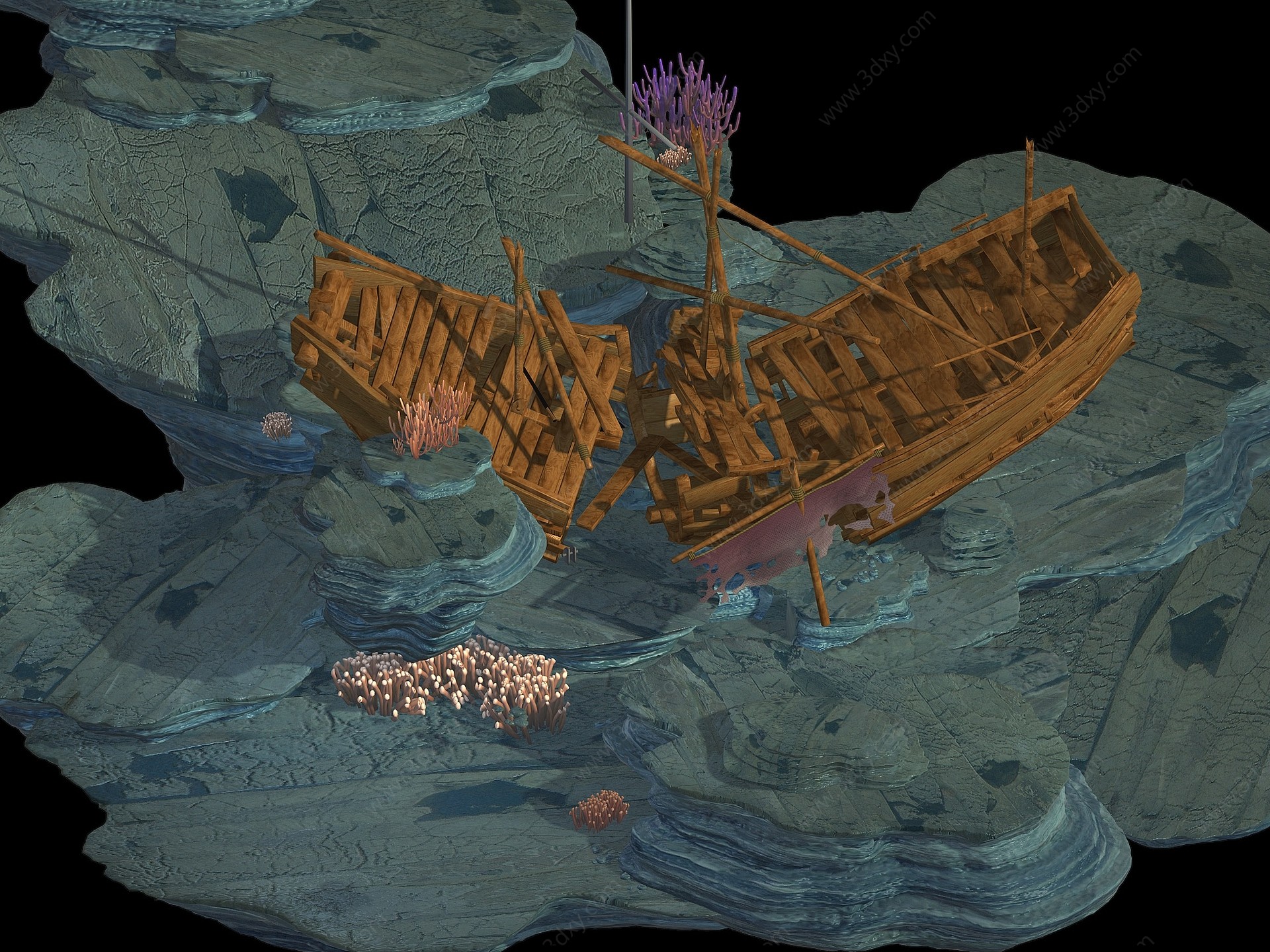 废墟破船礁石海底珊瑚3D模型