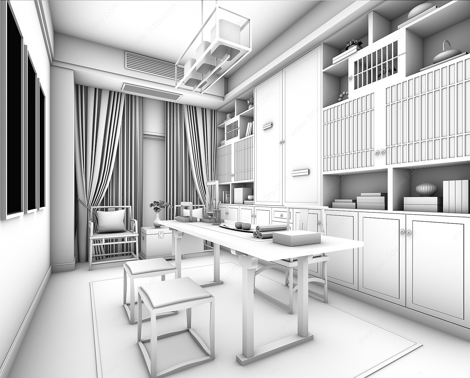 新中式书房空间3D模型