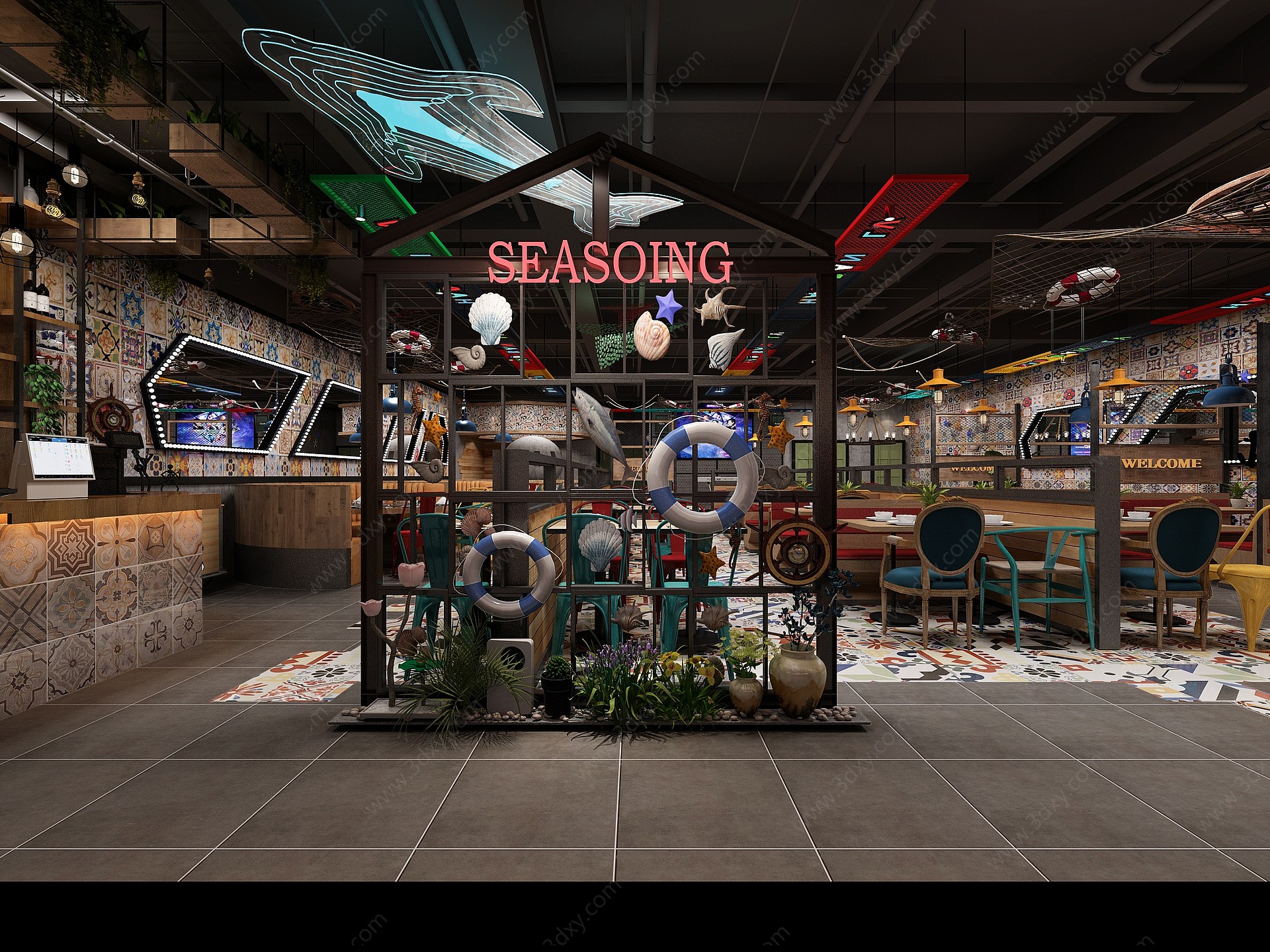 工业风海洋主题烤鱼餐厅3D模型