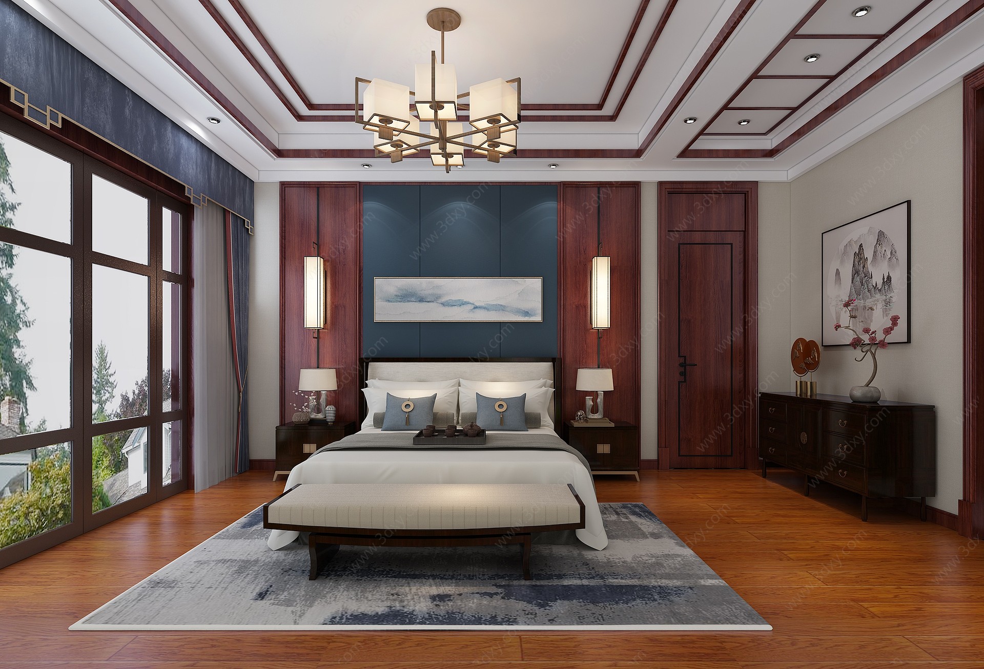 新中式卧室床挂画3D模型