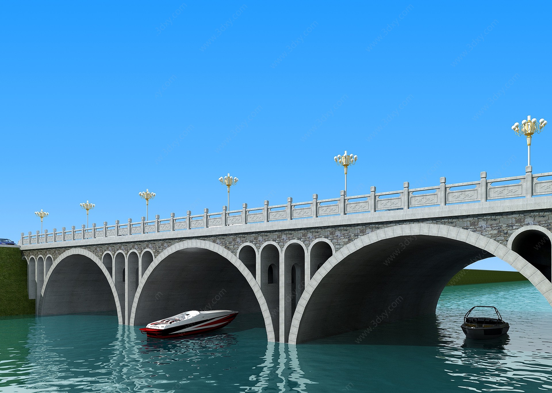 现代多孔石拱大桥3D模型