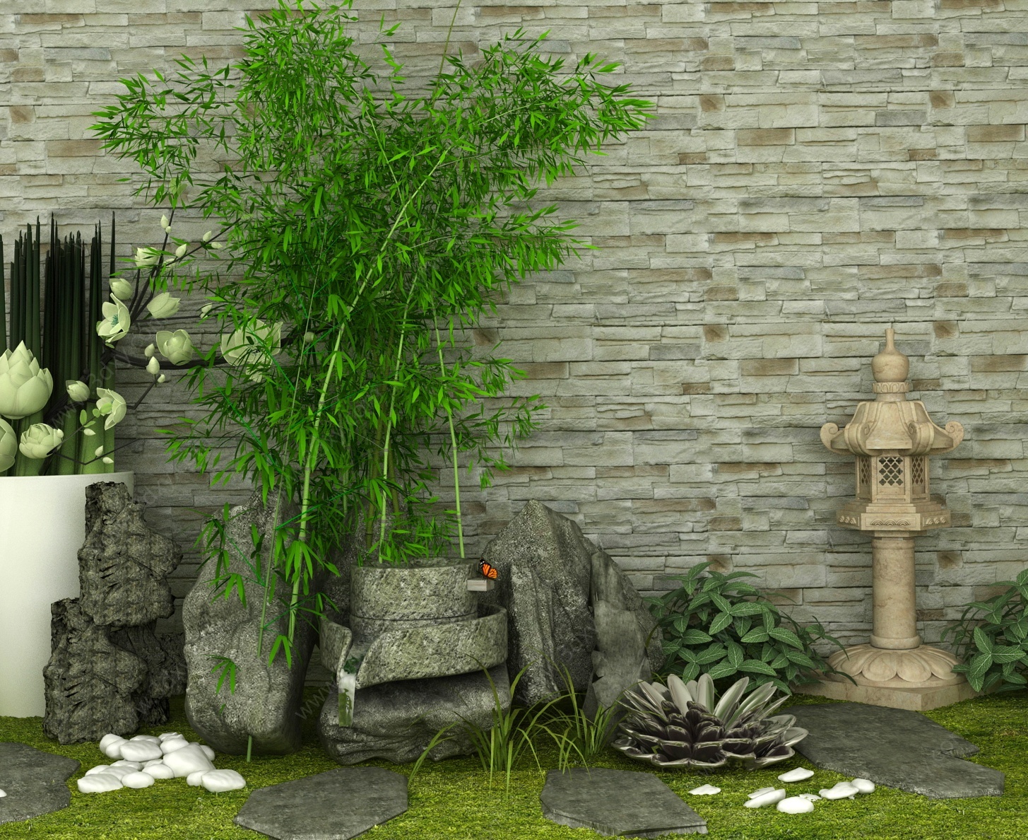 中式园林小景景观假山3D模型