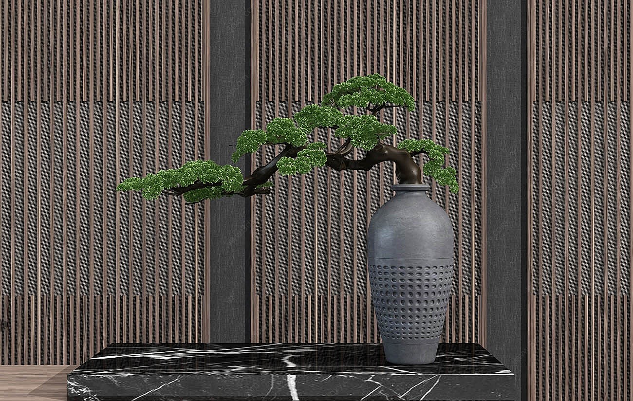 现代盆景植物松树摆件组合3D模型
