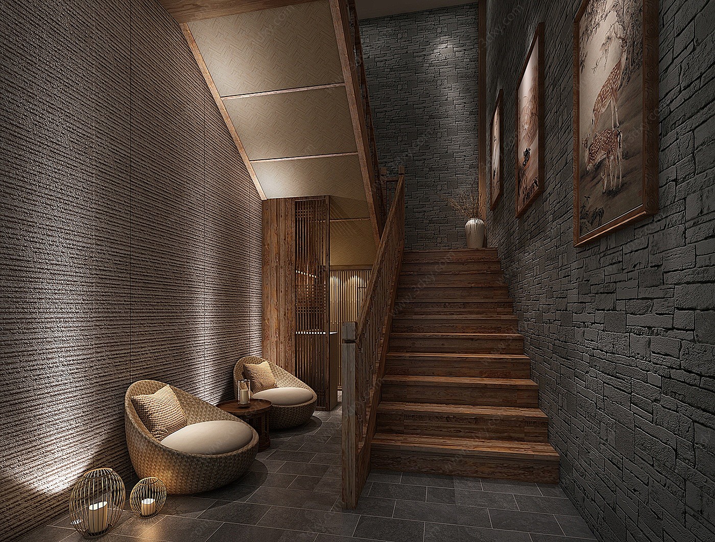 新中式民宿楼梯间3D模型