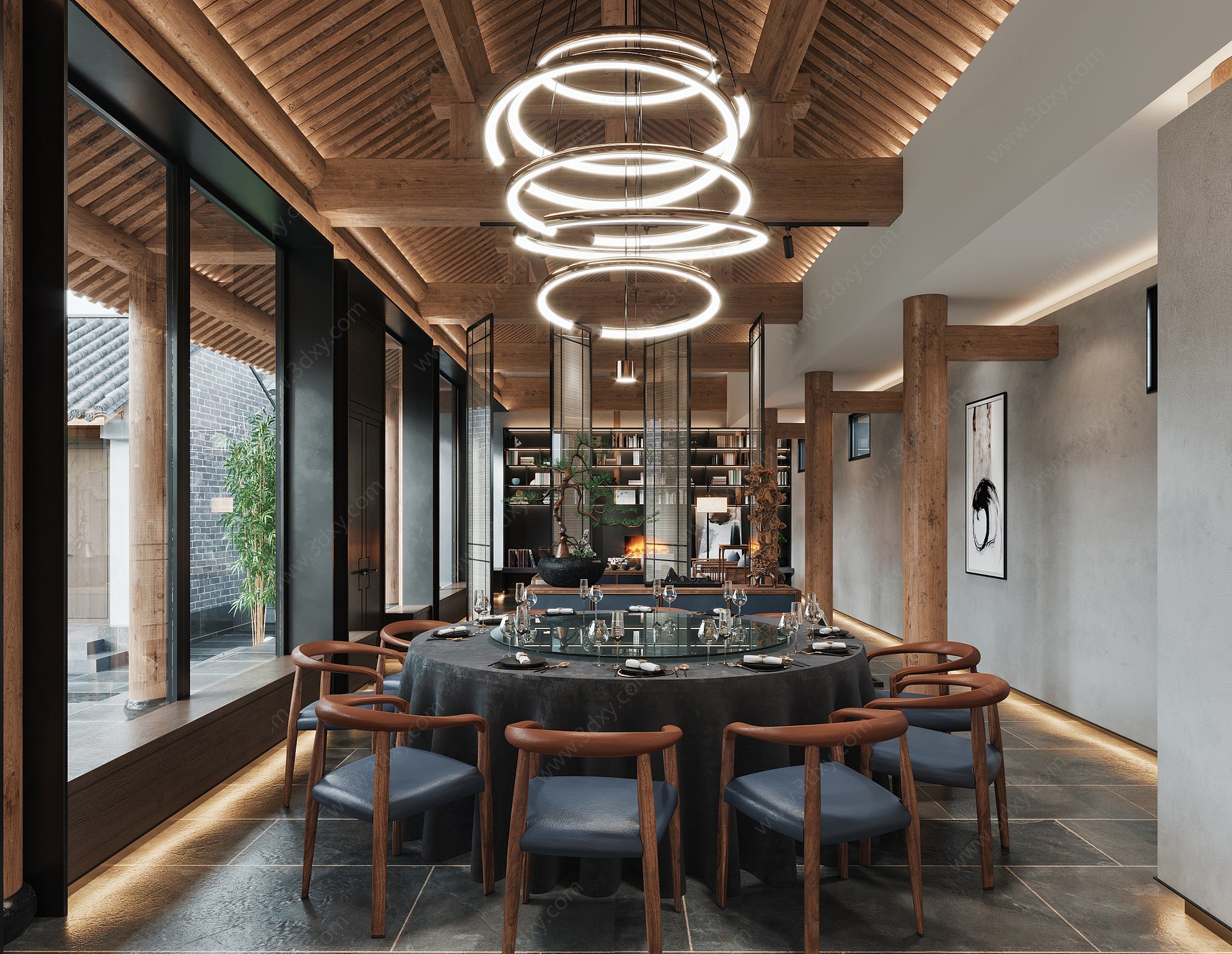 新中式酒店餐厅休息区3D模型