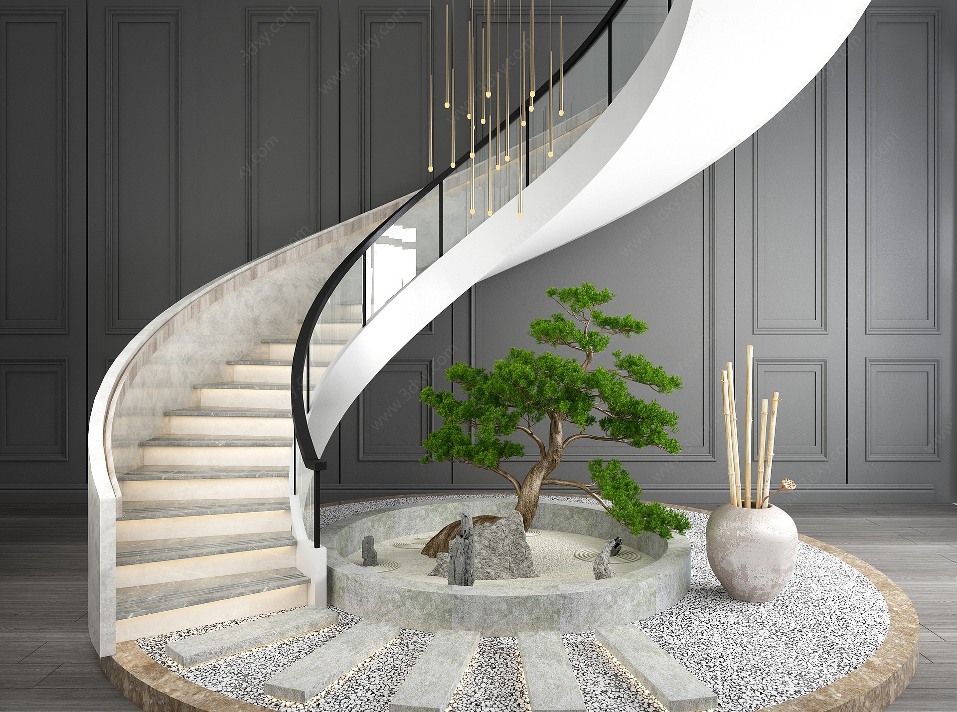 现代旋转楼梯树竹子摆件3D模型