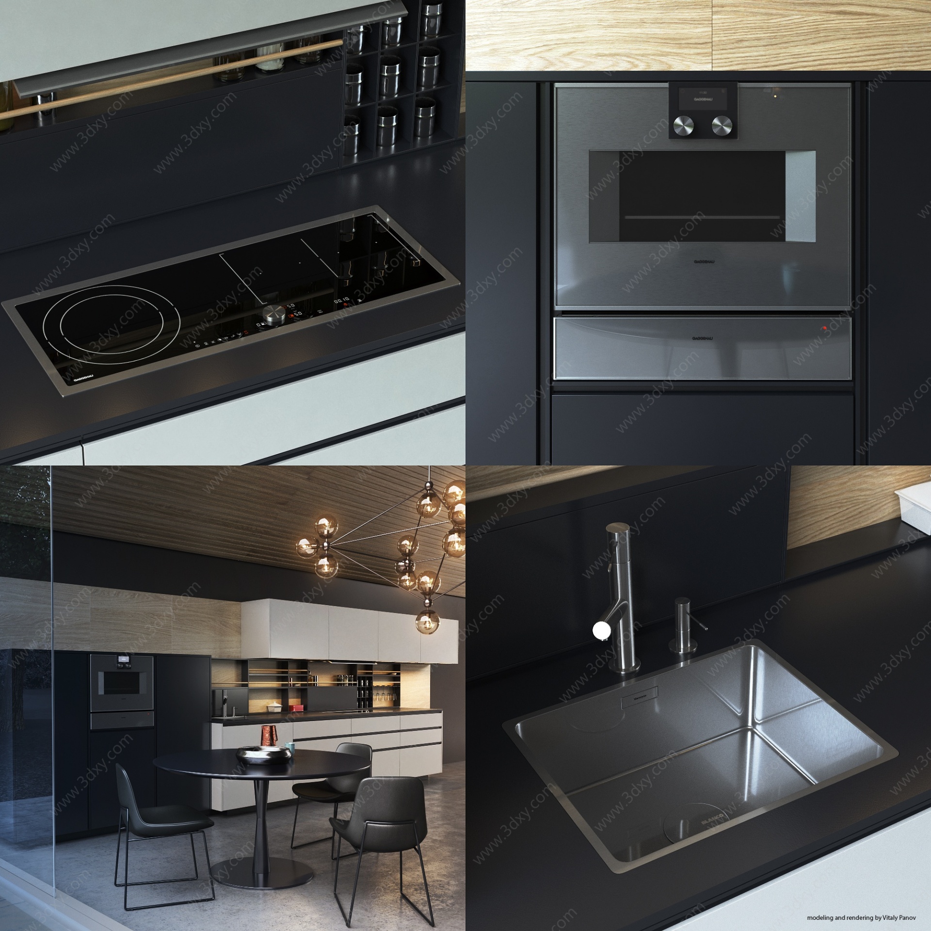 现代黑色简约室内厨房3D模型