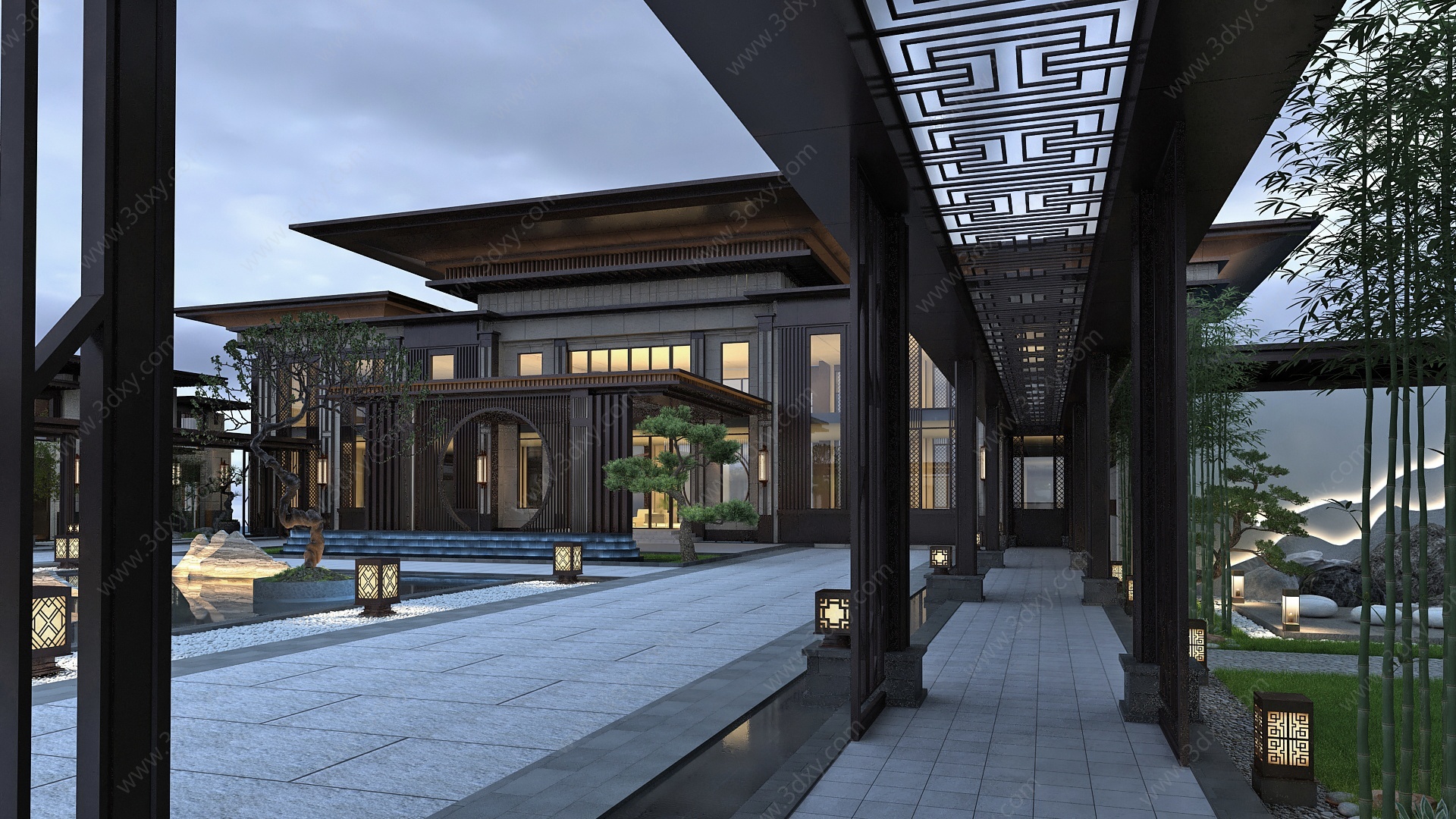 新中式建筑走廊过道庭院3D模型