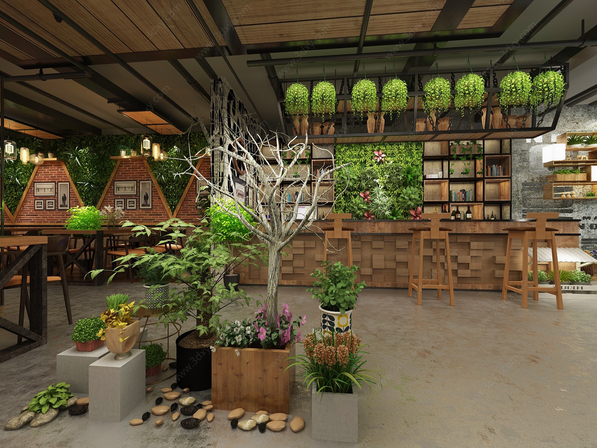 工业风绿植书吧餐厅3D模型