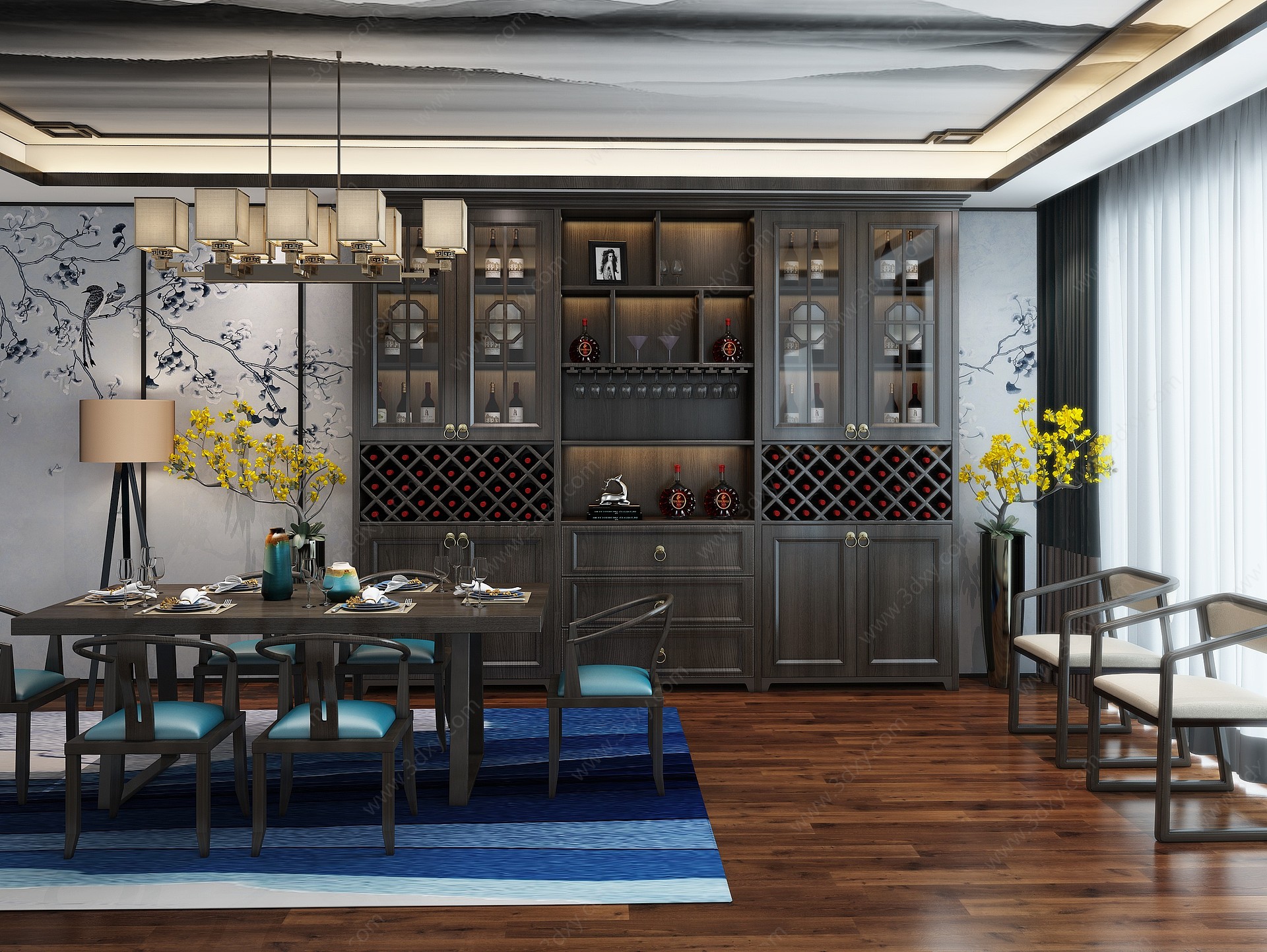 新中式餐边酒柜空间3D模型